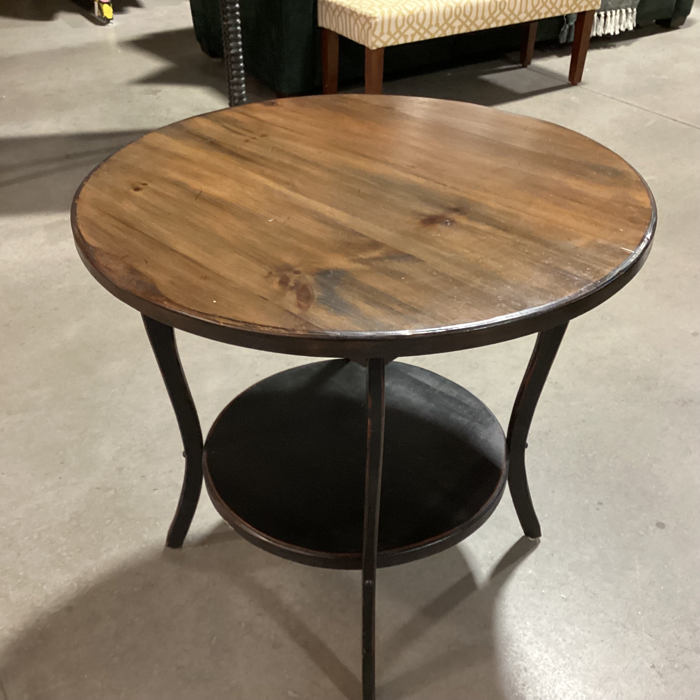 2 Tone Finish Carved Wood 2 Tiered Round Accent Table 30" Diameter x 28"