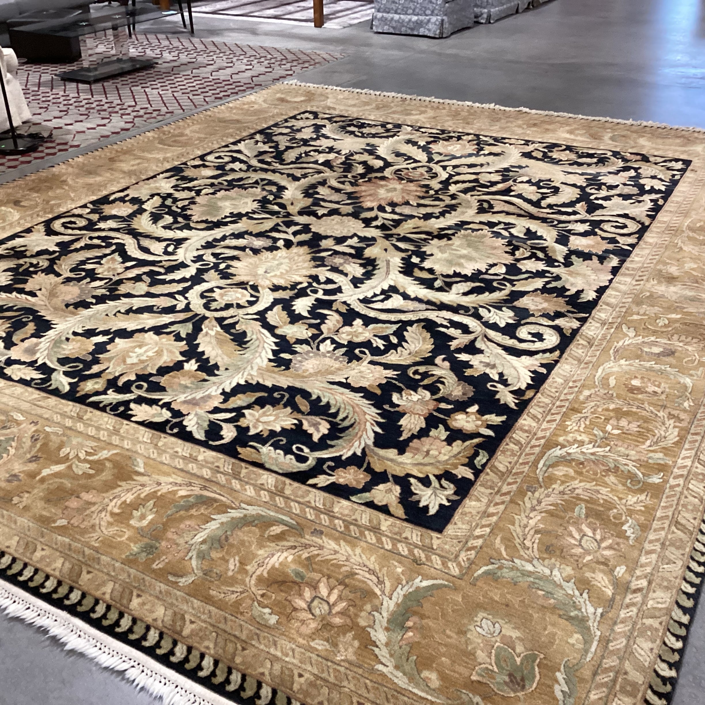 Gold & Black Floral with Border Had Woven Wool Rug 12'2"x 14'10"