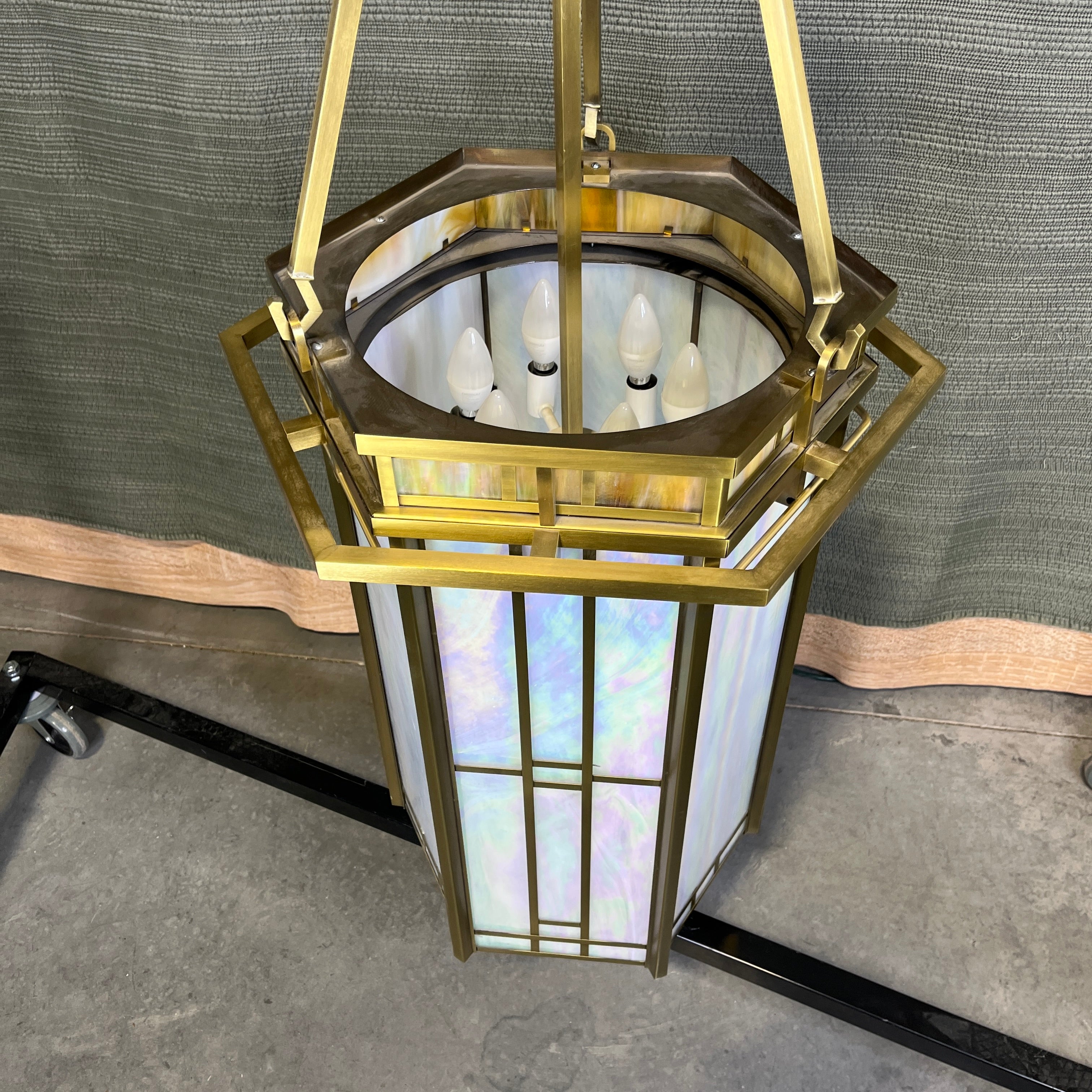 Art Deco 12-Light Octagonal Solid Brass with Honey/White Opaline Glass Chandelier 21" Diameter x 49" - 59"