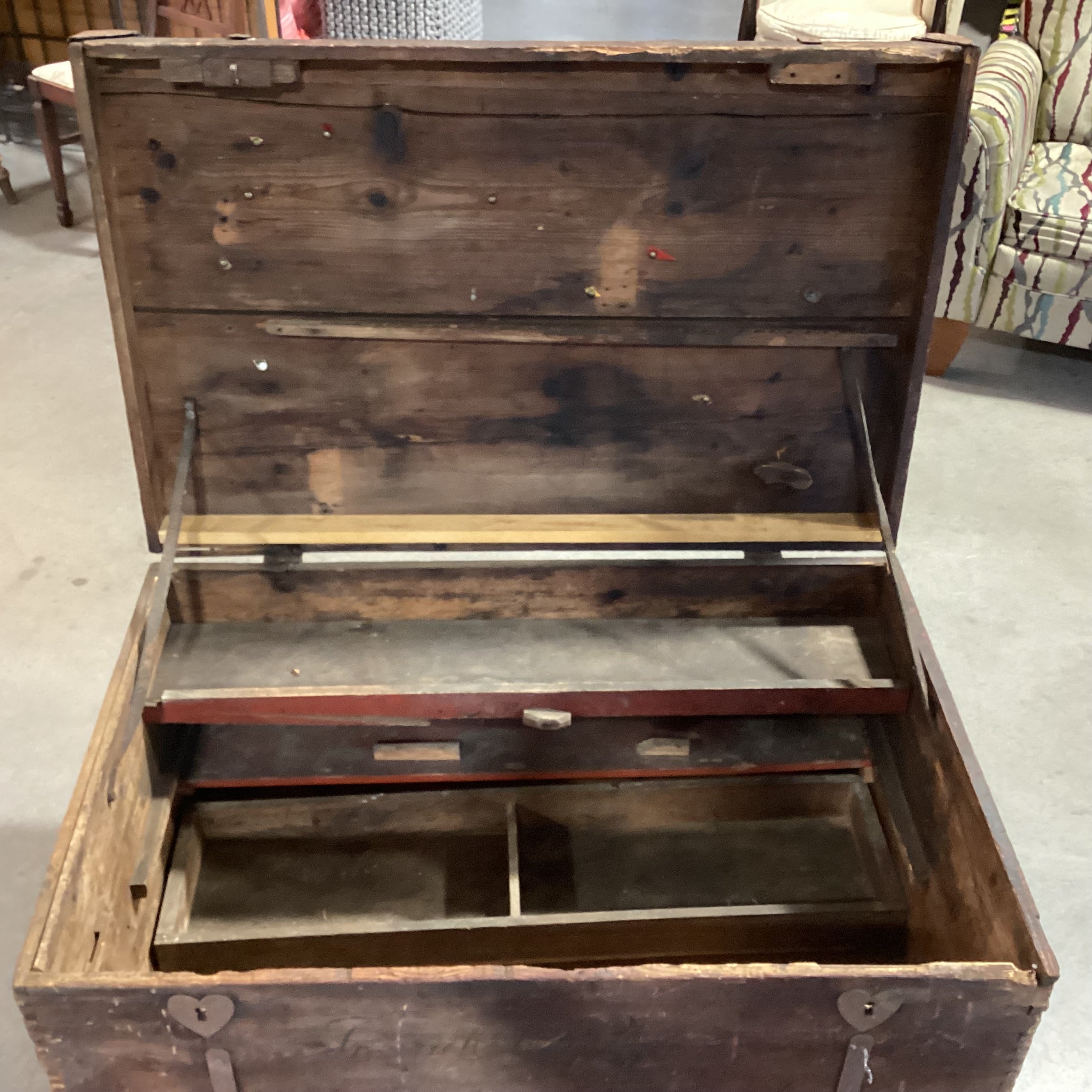 Antique Wood With Iron Bands & Heart Keyhole Trunk 42"x 28"x 23"