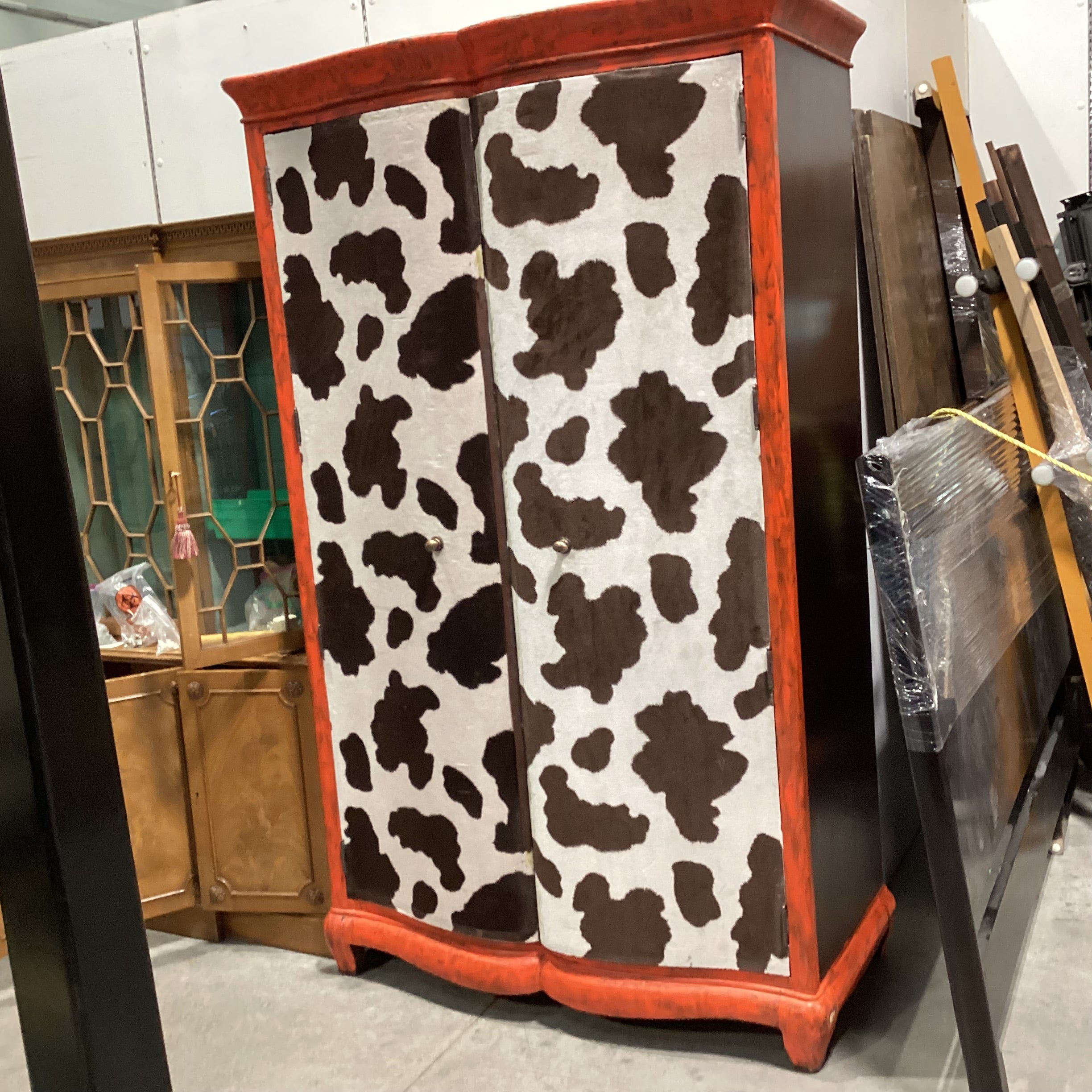 Solid Red Painted Wood with Faux Cowhide 2 Door with Shelves Armoire 50"x 24"x 83"