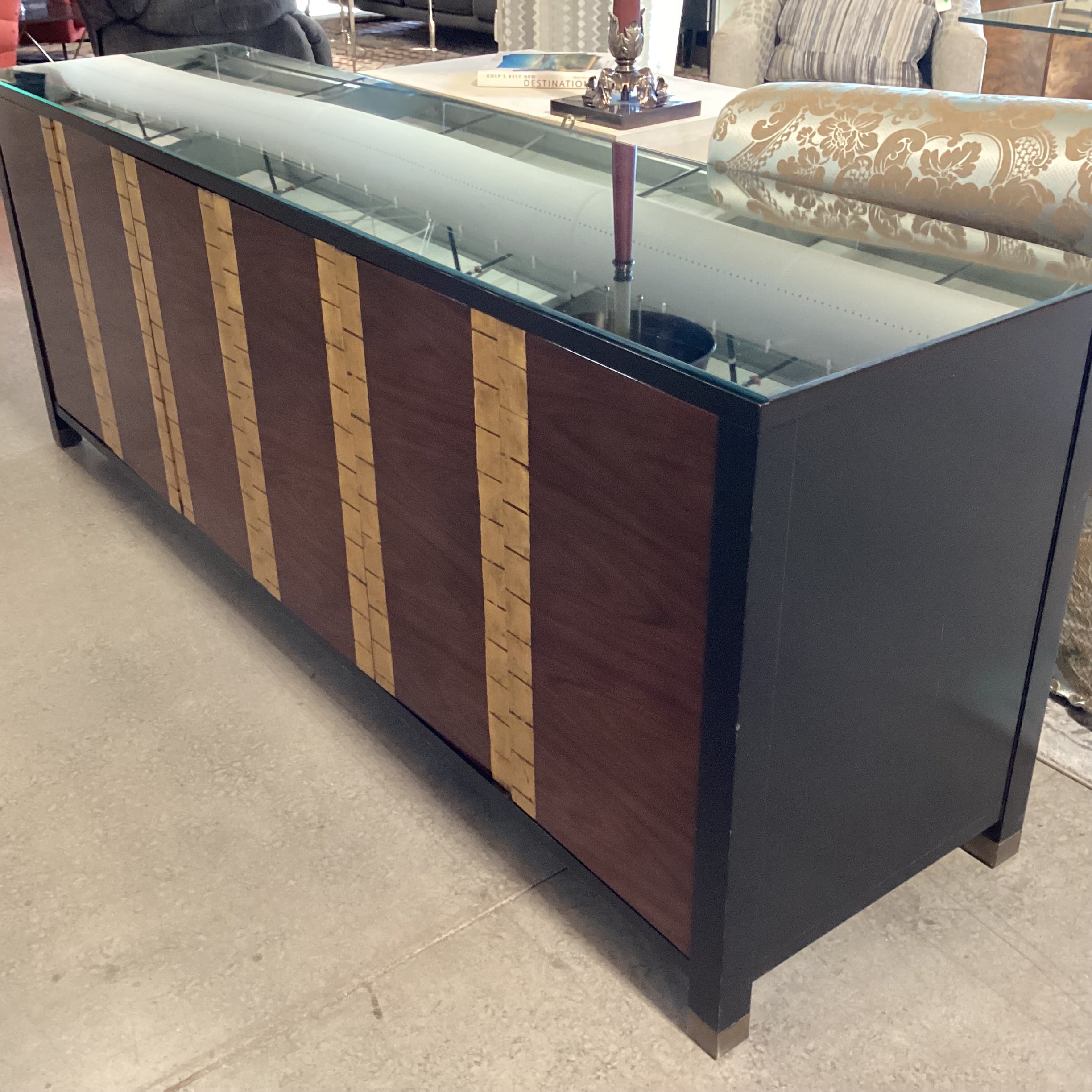 Bolier & Co Vintage Black Lacquer Dark Finished Wood Veneer & Gold Gilt 4 Door 6 Drawer & Shelves Credenza 82"x 21"x 30.5"