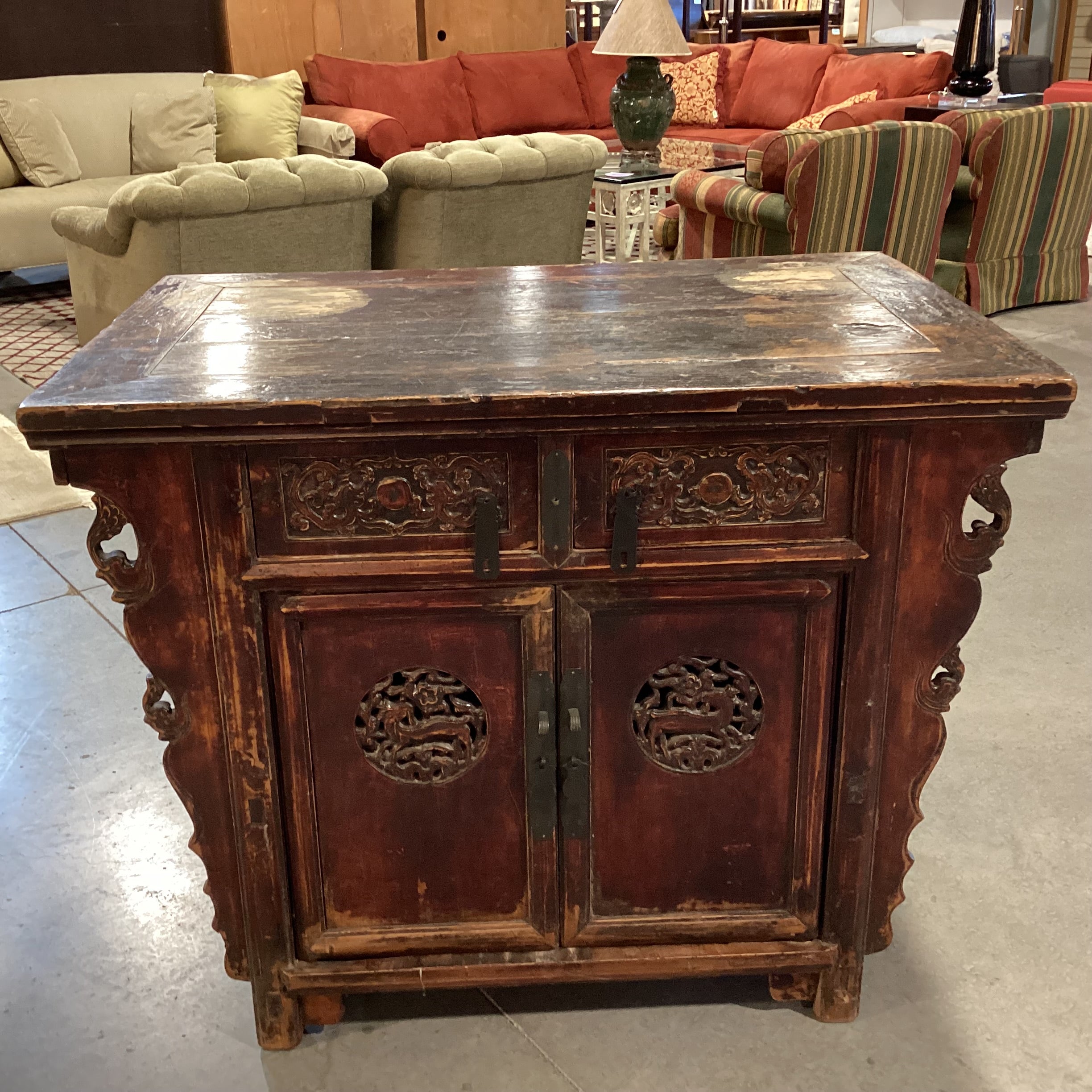 Vintage Antique Asian Carved Wood 2 Door 2 Drawer Alter Cabinet Console 43"x 27.5"x 34"