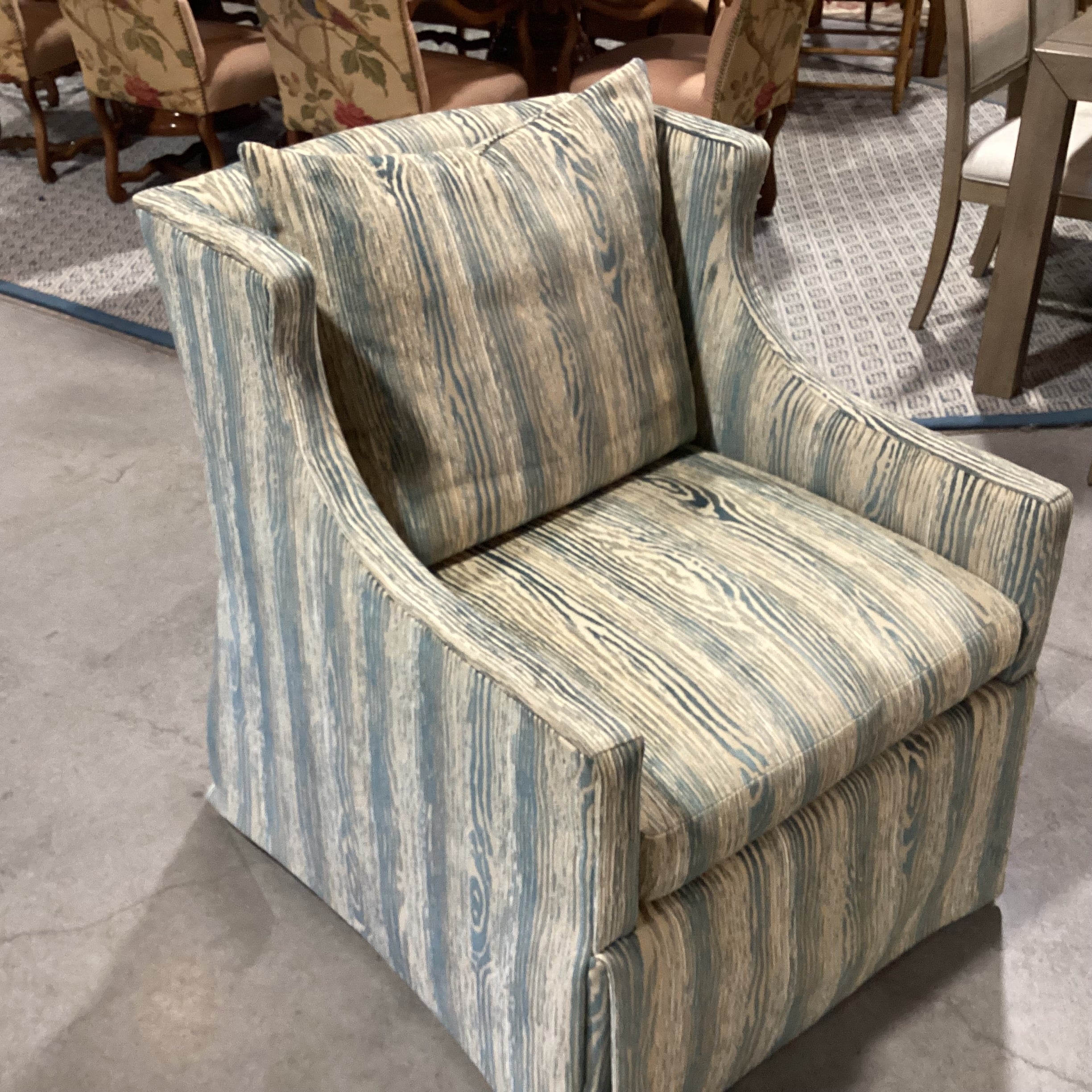 Stanford Furniture Blue & Gold Texture Woven Design Slope Arm Swivel Chair 29"x 34"x 36"