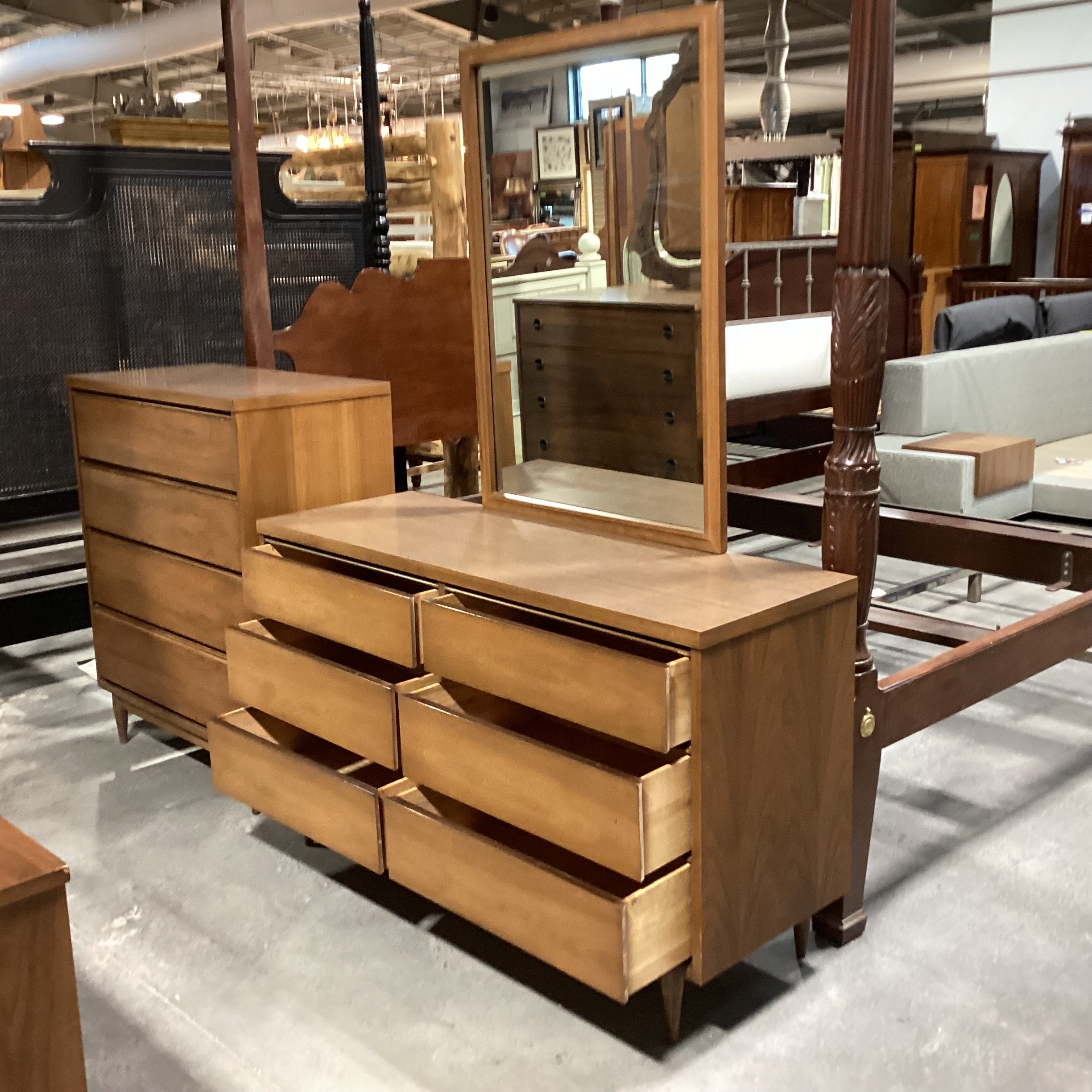 Mid Century Walnut & Veneer 6 Drawer with Mirror Dresser 52"x 18"x 72"