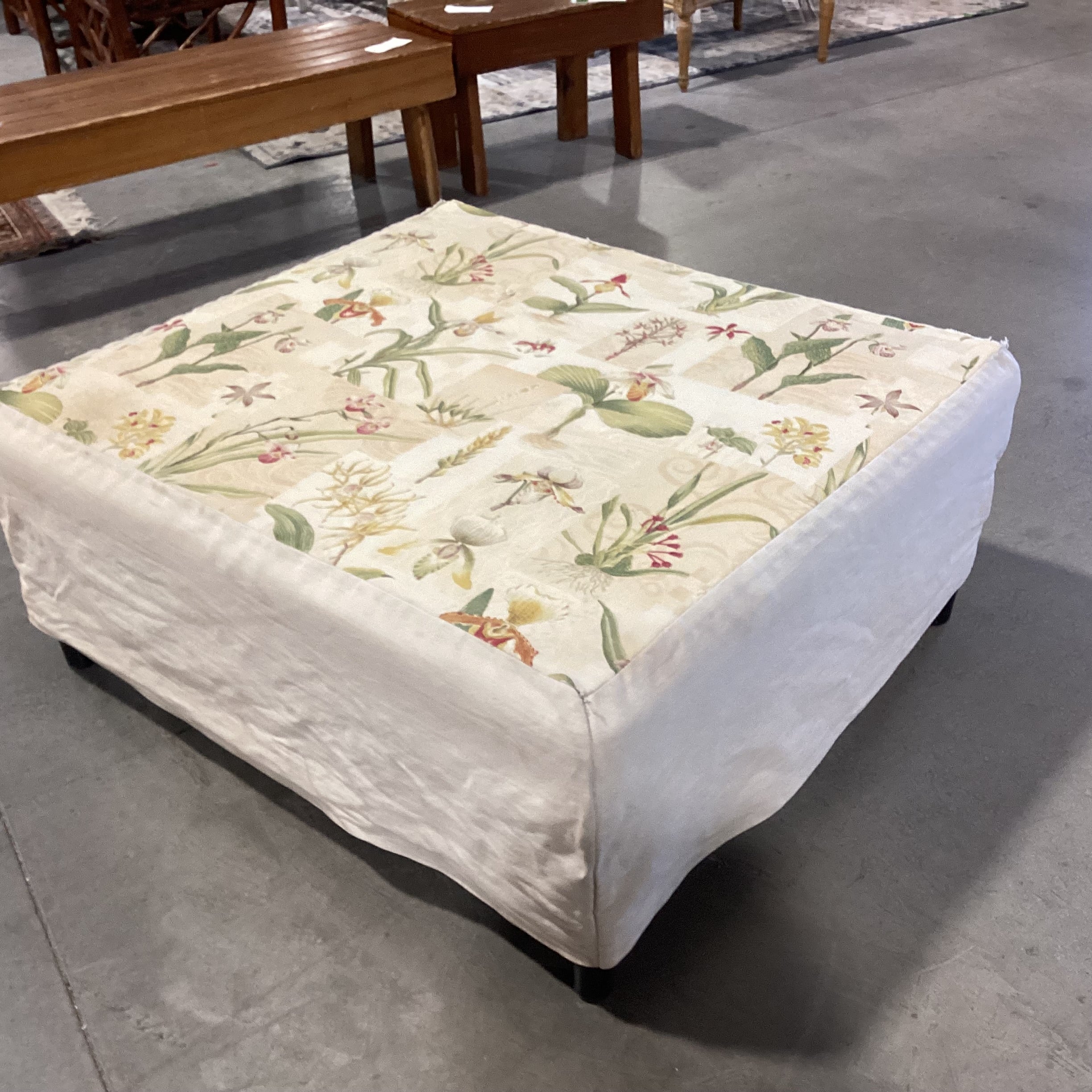 Floral Linen Slipcovered Ottoman 42"x 37"x 17"