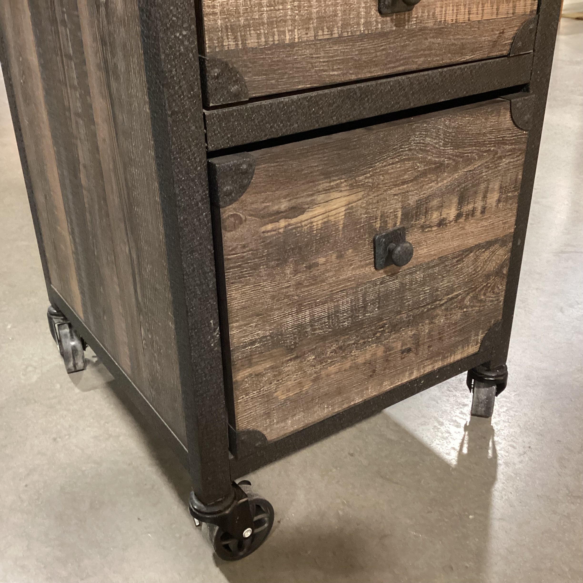 Carbon Oak Wood Style Laminate & Metal on Casters 2 Drawer End Table 18"x 21.5"x 26.5"