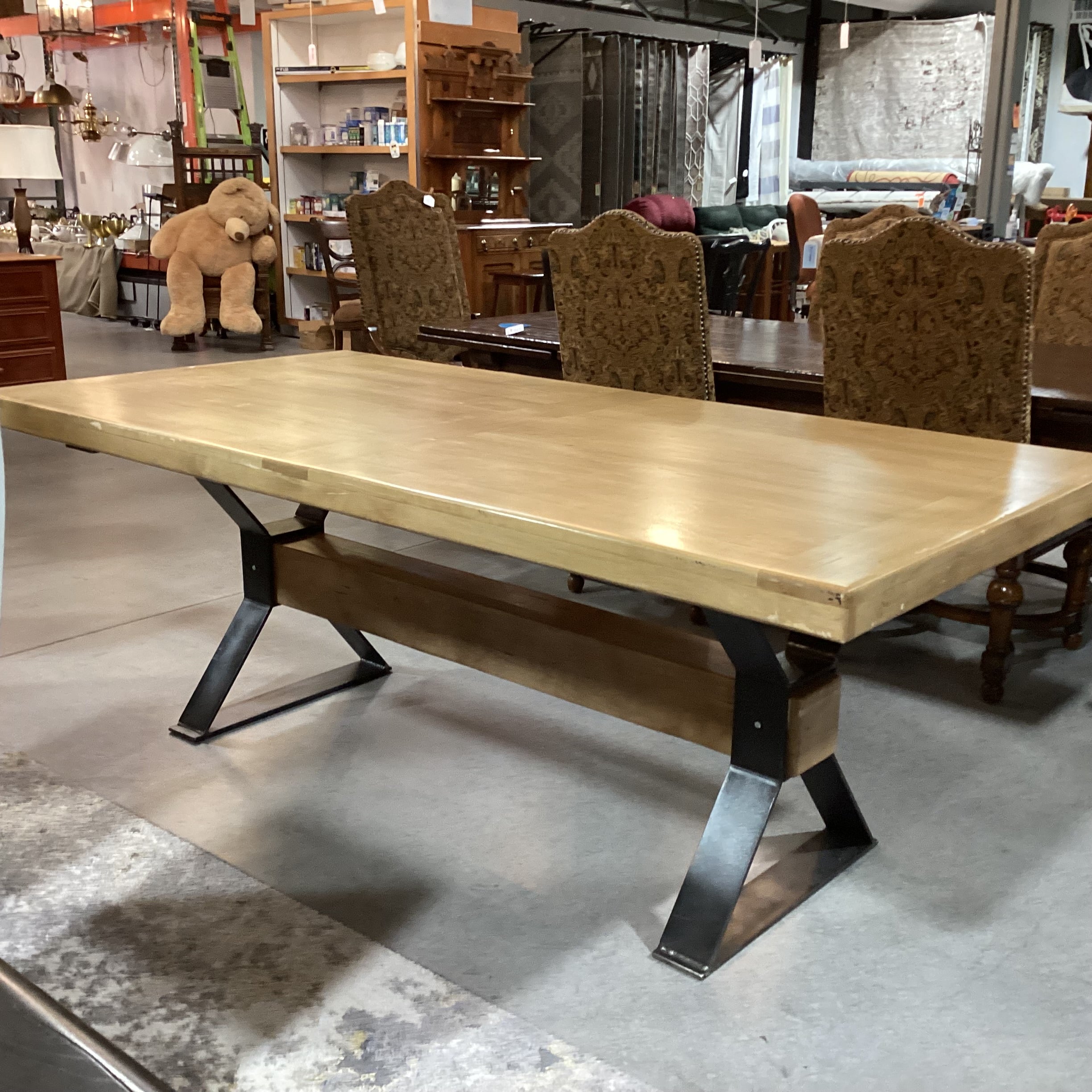 Mountain Modern Light Distressed Finish Wood & Steel with Beam Trestle Dining Table 84"x 42"x 31"