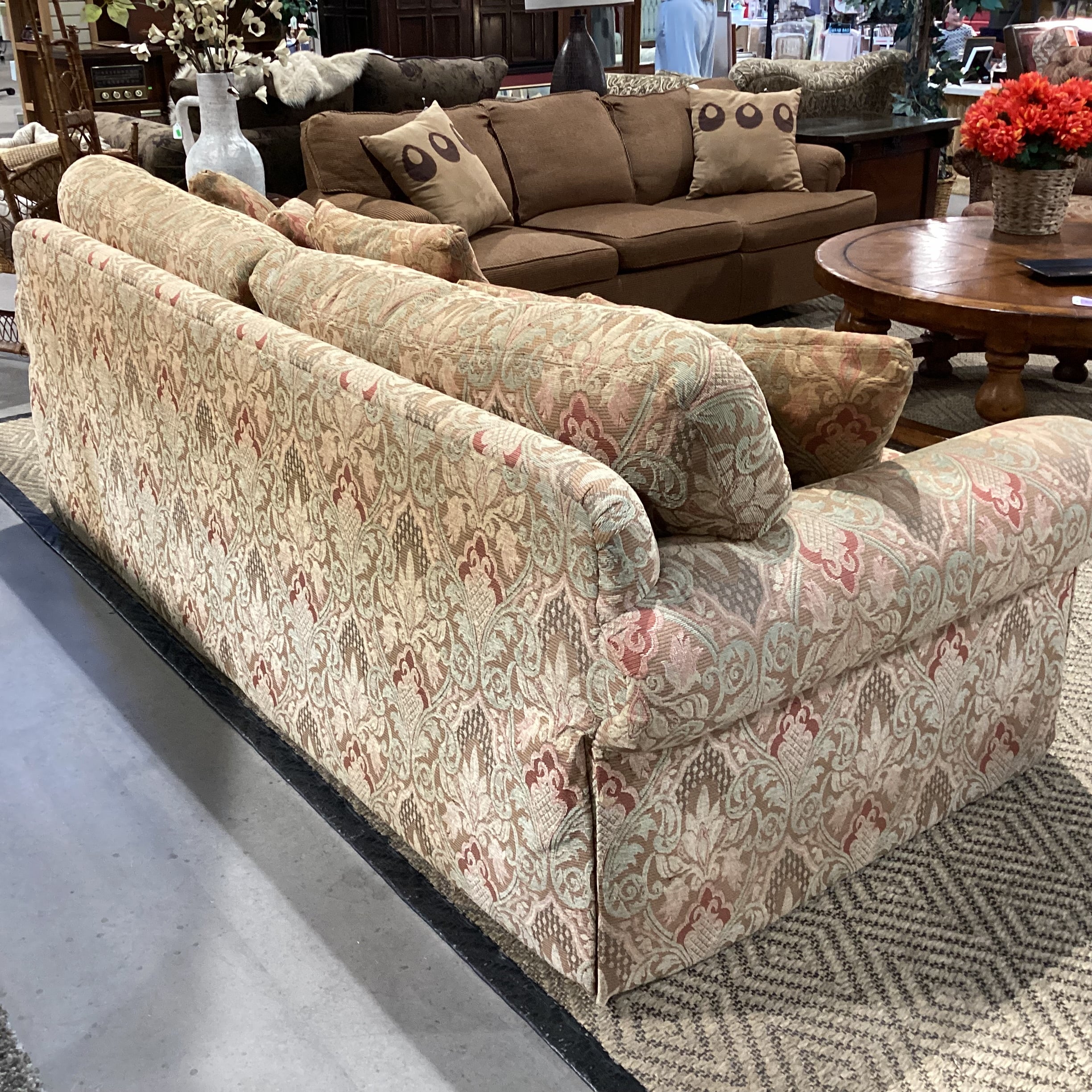 Custom Gold Orange Green Ornate Floral Down Mix Sofa 96"x 42"x 31"