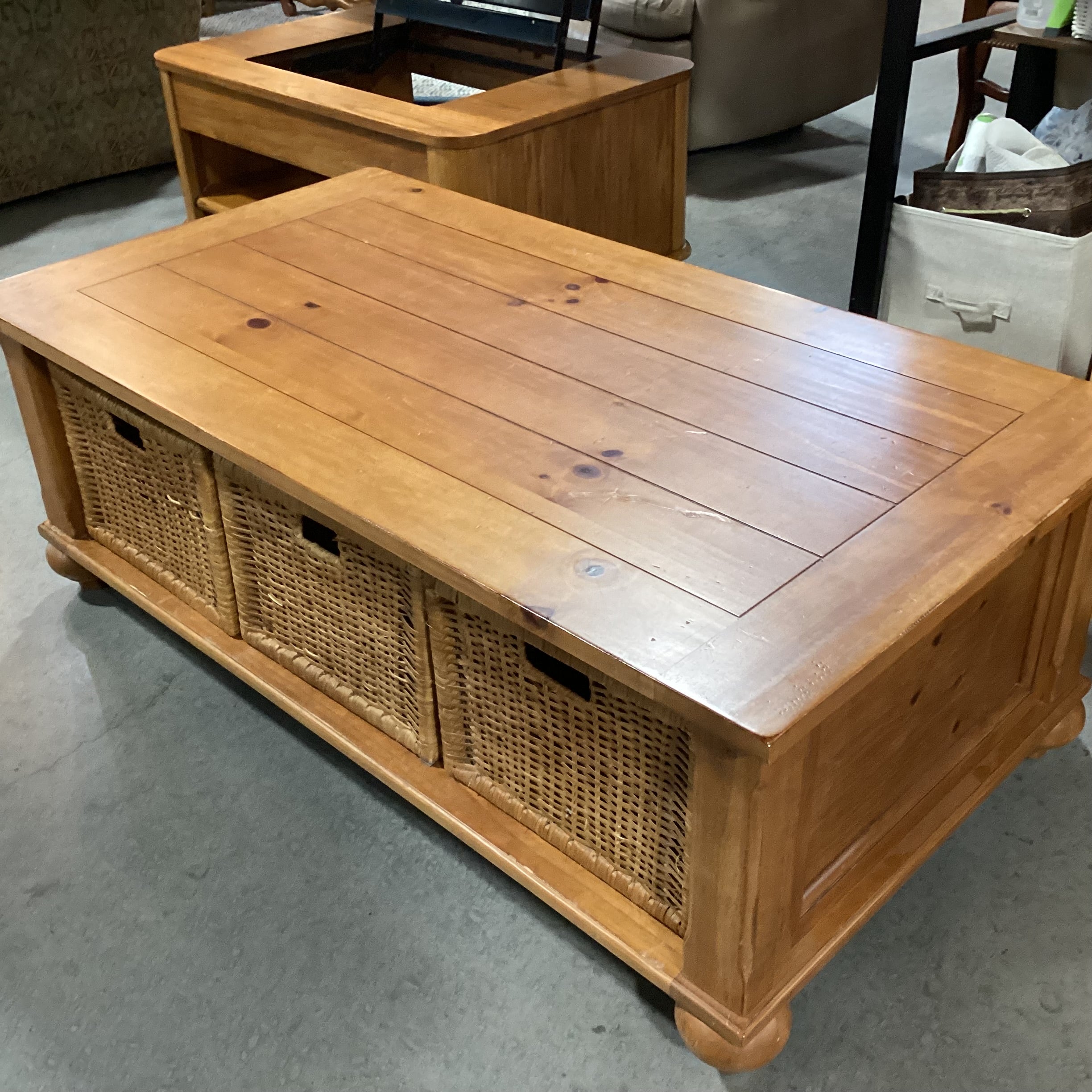 Finished Plank Wood & 3 Double Sided Basket Drawers Coffee Table 50"x 27"x 18.5"