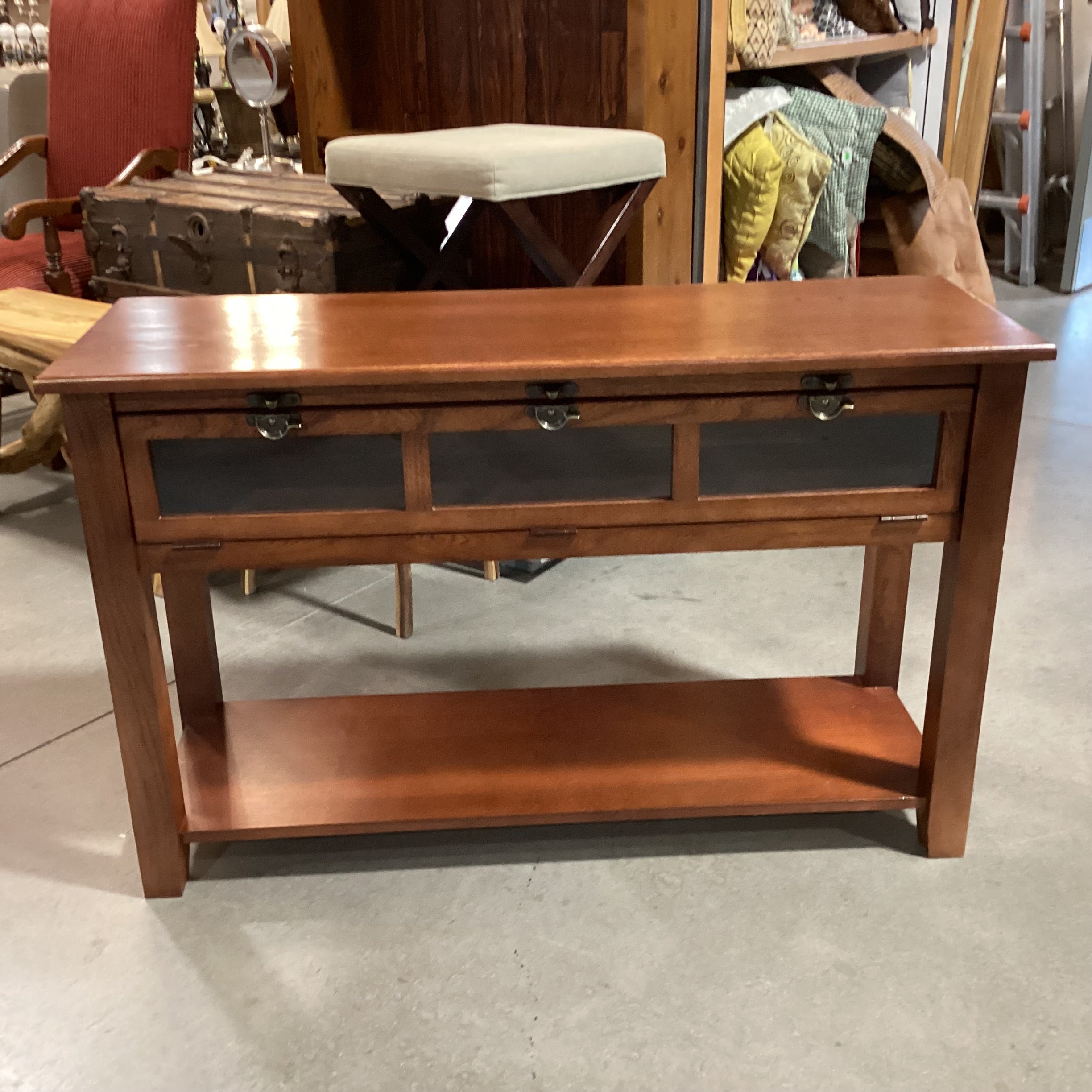 Finished Oak Flip Down Paned Glass Door & Bottom Shelf Console 46"x 16"x 29.5"