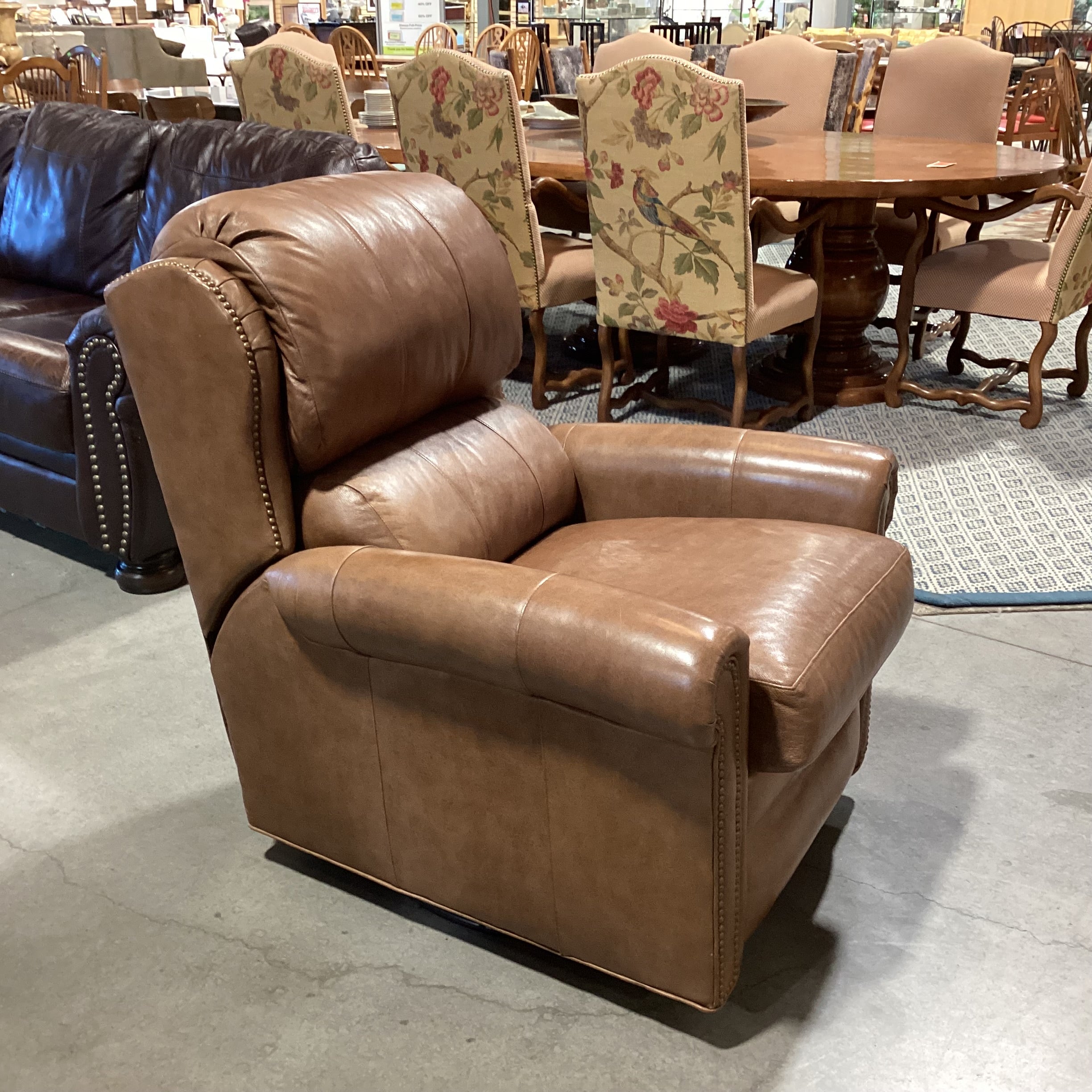 Bradington Young Tan Leather Nailhead Swivel Rock Recliner Chair 36"x 38"x to 68"x 41"