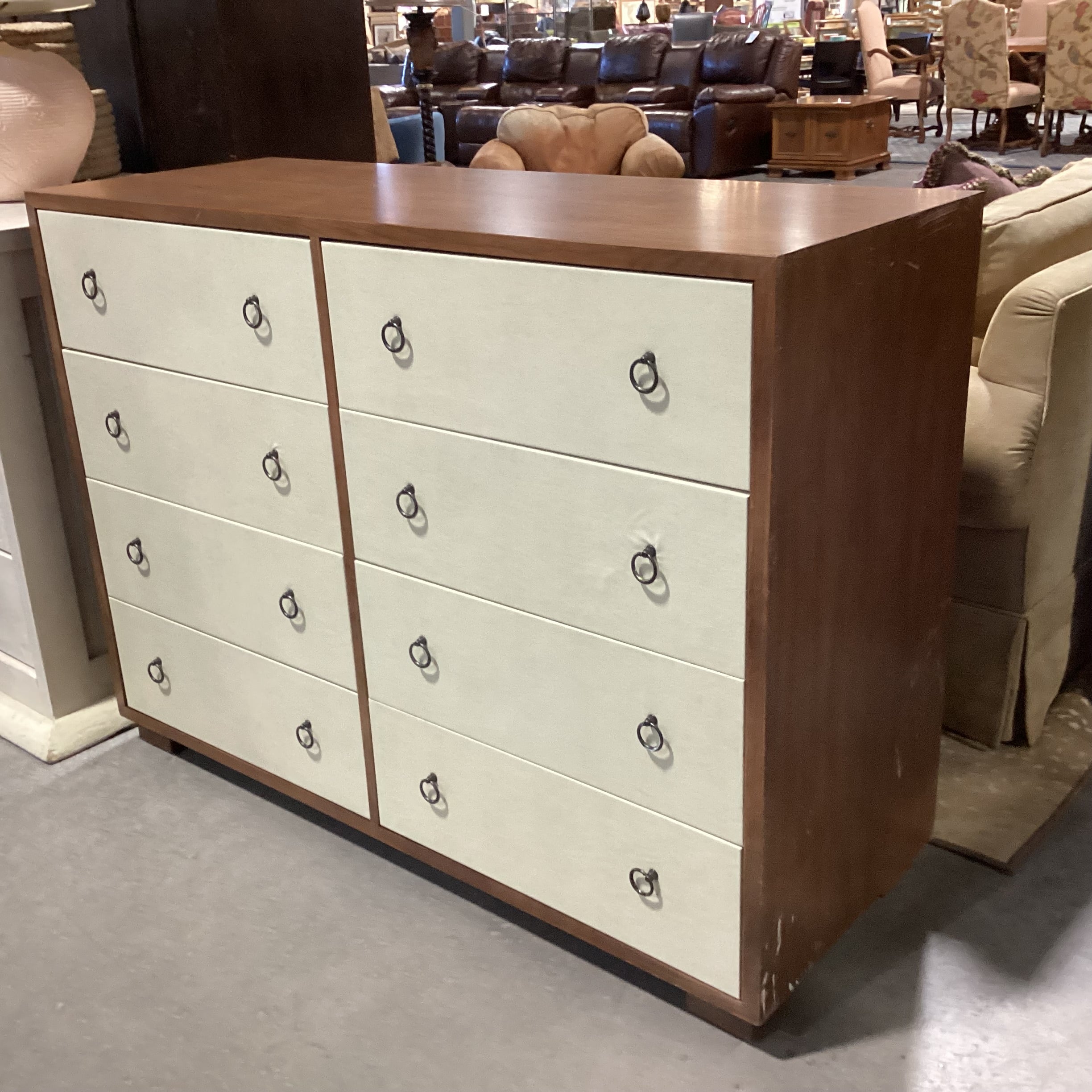 Finished Wood With Cream Faux Leather 8 Drawer Dresser 54"x 22"x 42"