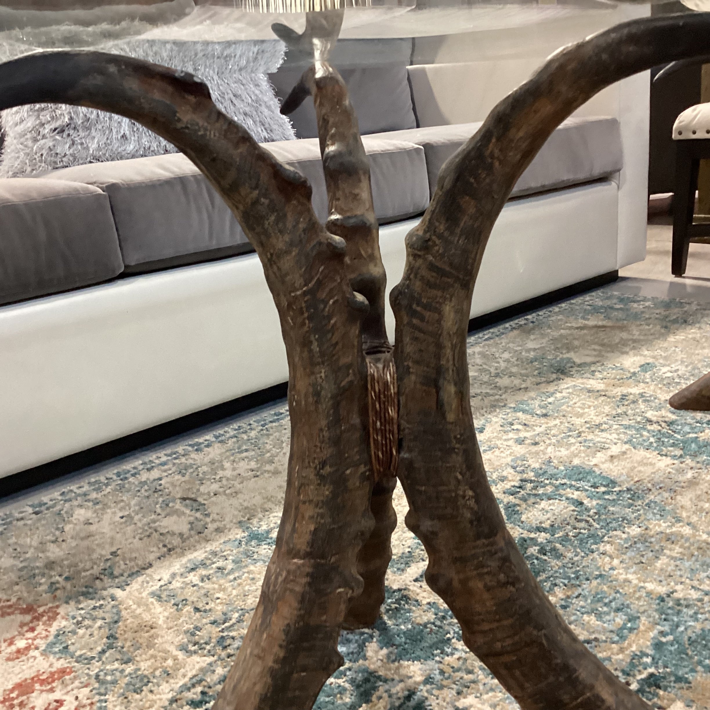 Carved Wood Tri Horn Pedestals with Glass Top Coffee Table 72"x 30"x 23"