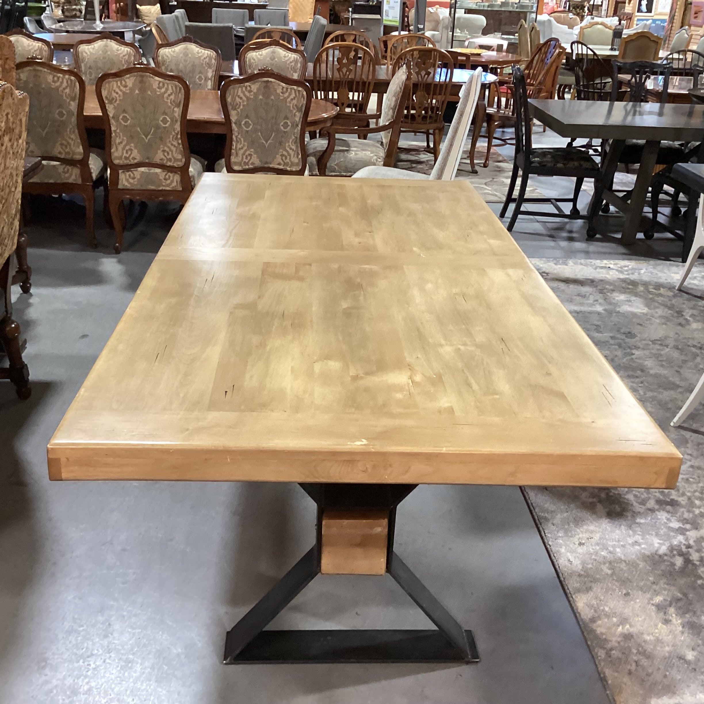 Mountain Modern Light Distressed Finish Wood & Steel with Beam Trestle Dining Table 84"x 42"x 31"