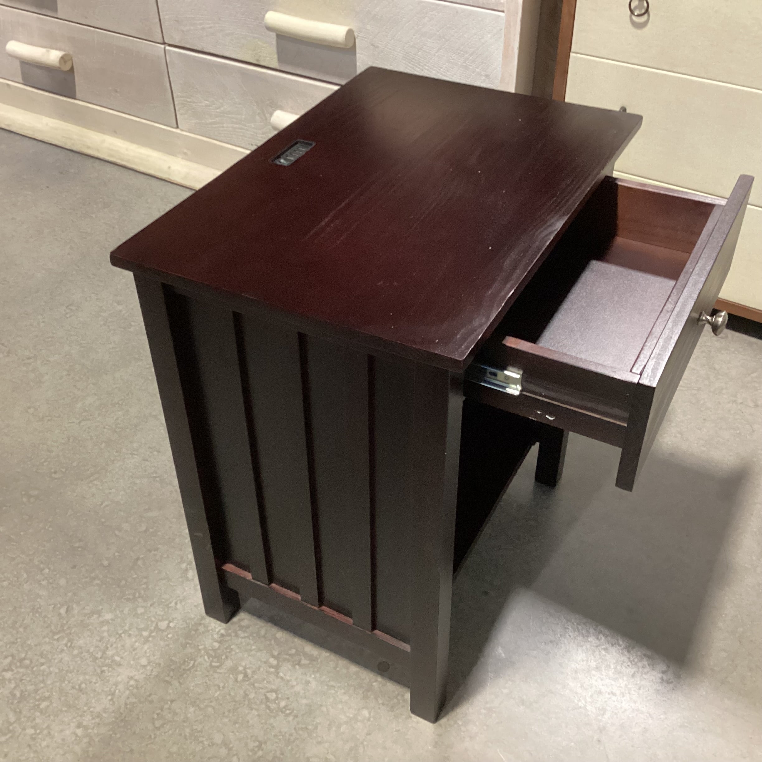 Dark Finish Wood 1 Drawer With Bottom Shelf & Plug In USB Outlet Nightstant 24"x 17"x 27"
