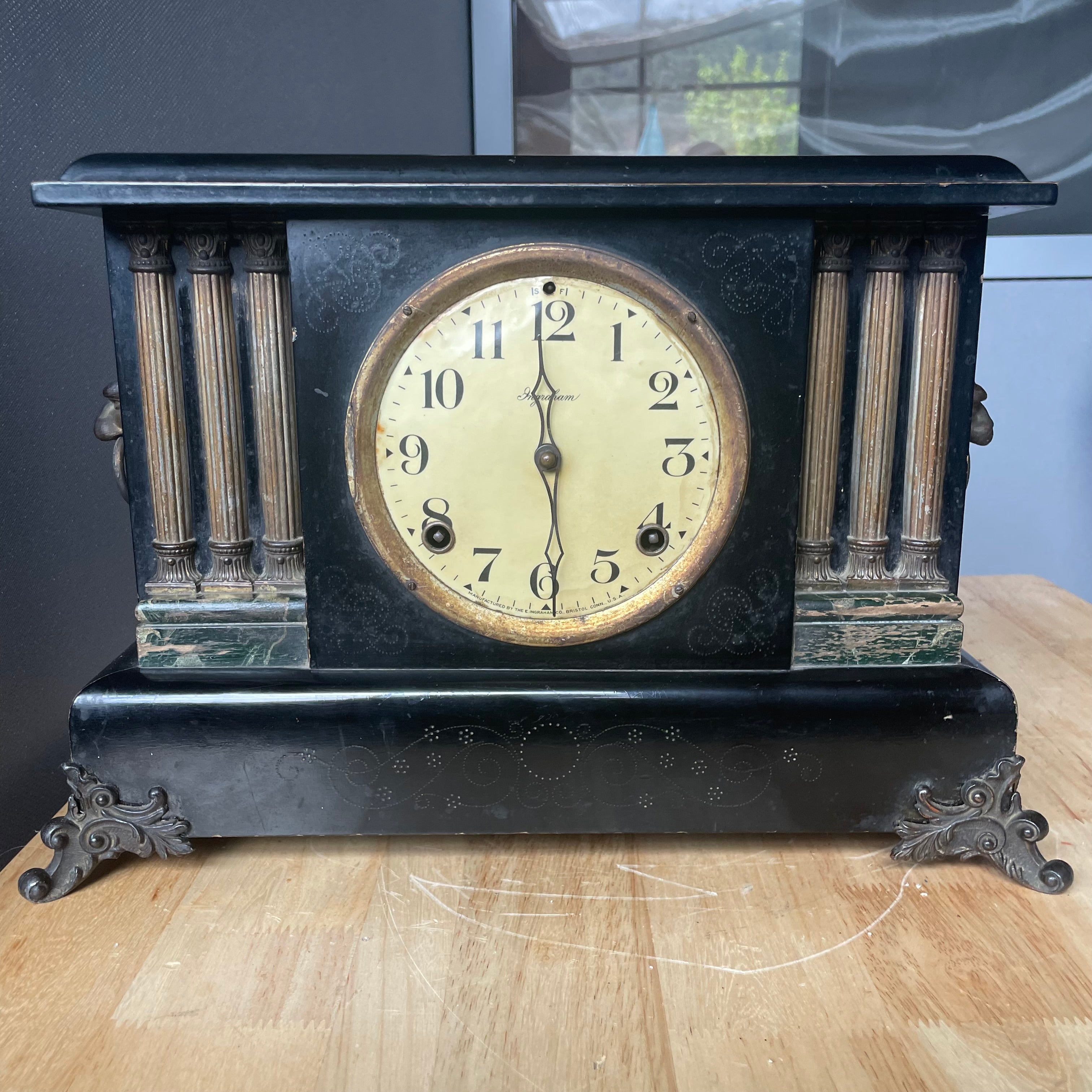 Antique Late 1800's Ingraham Black Enamel Floral Details Wood/Brass Lions Head Handles & Feet Chiming Mantle Clock, 15.25"x 6"x 10.5"