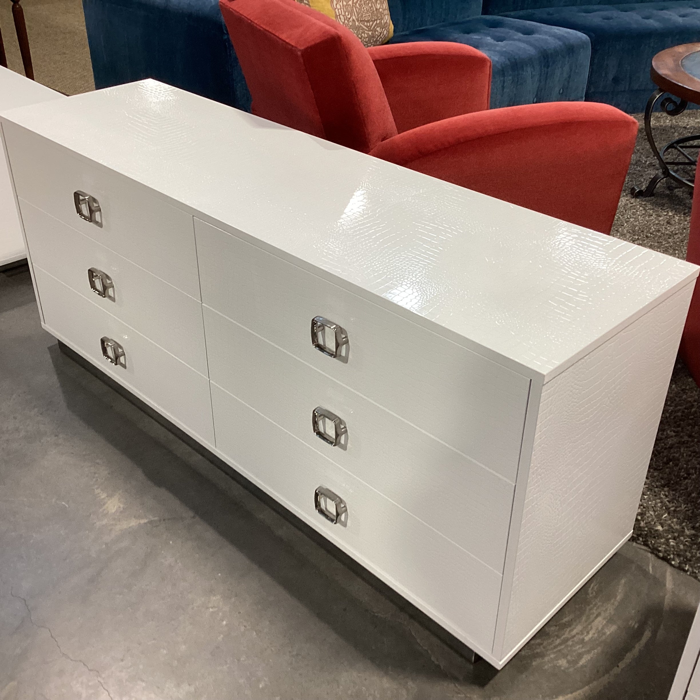 A&X Casa Milano White Croc Style Faux Leather 6 Drawer Dresser 63"x 19"x 26.5"