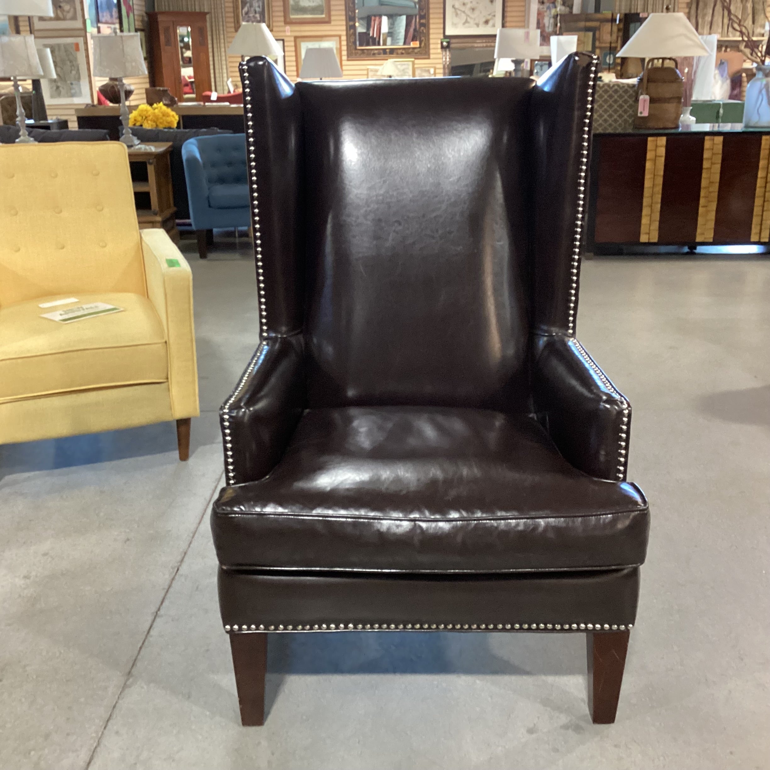 Z Gallerie Chocolate Leather Nailhead Wing Chair 30"x 34"x 48"