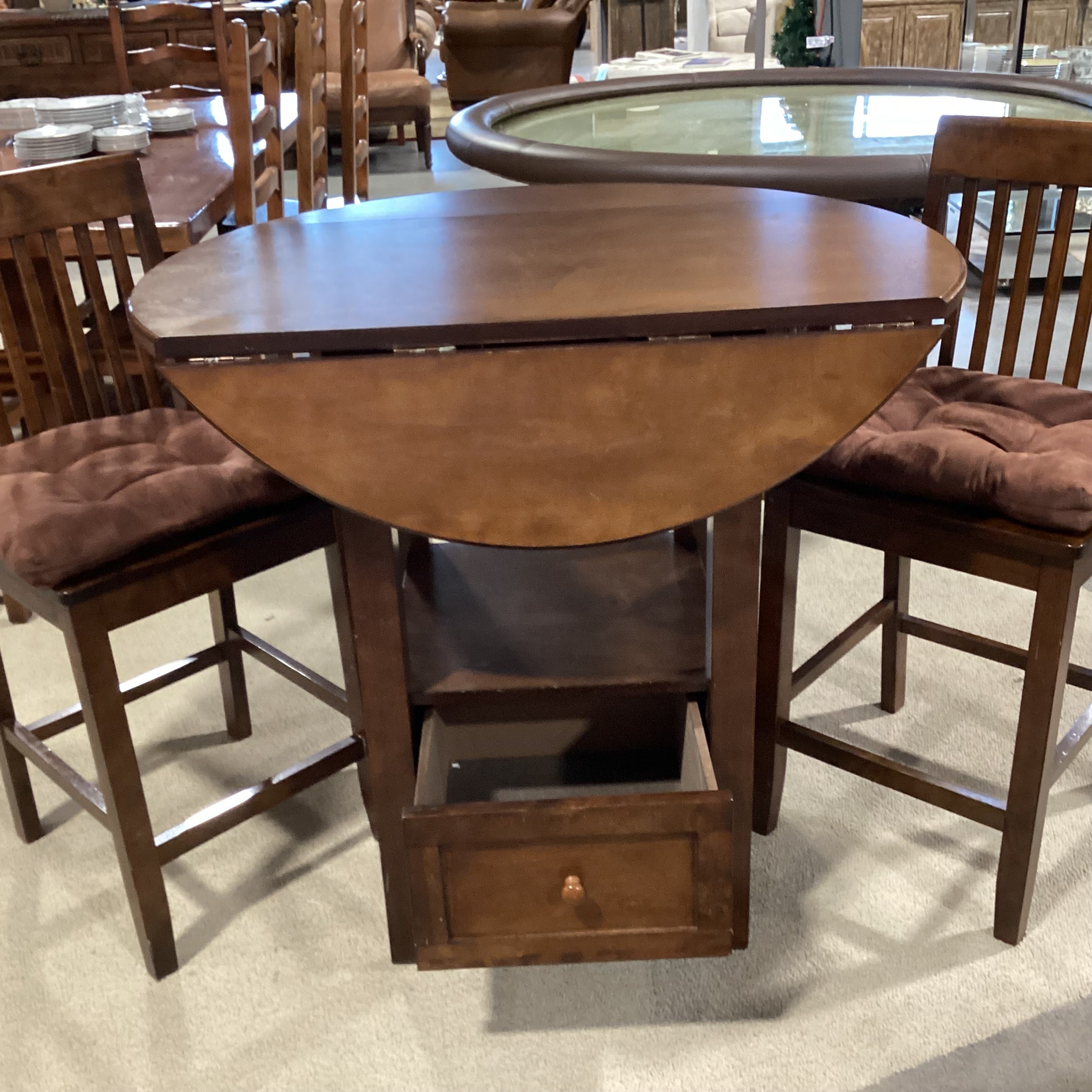 Finished Wood Round with Drop Sides & 1 Drawer Pub Height Table with 2 Barstools Dining Set 40" Diameter x 36"