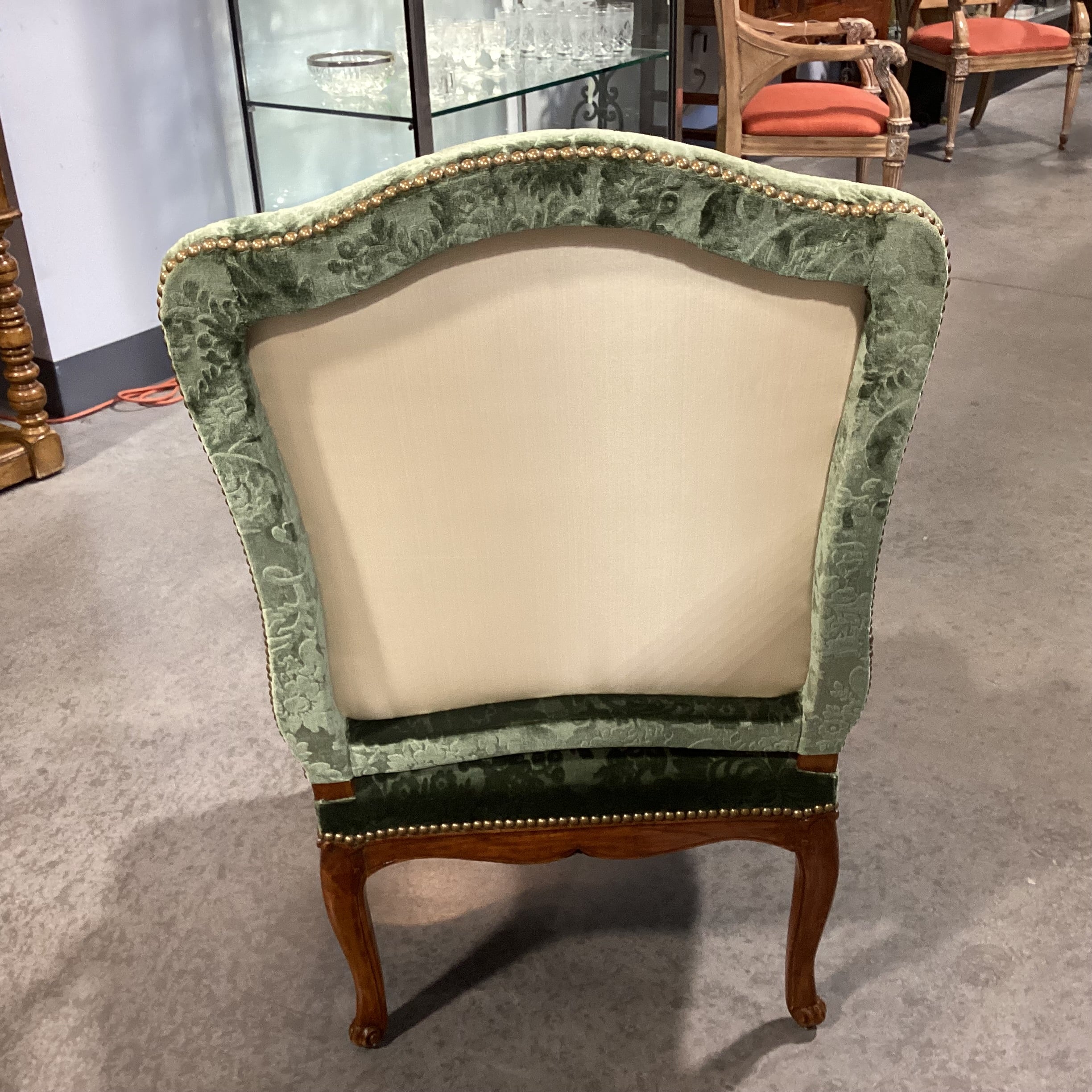 Vintage Carved Wood with Green Raised Floral Velvet & Nailhead Chair 28"x 28"x 42"