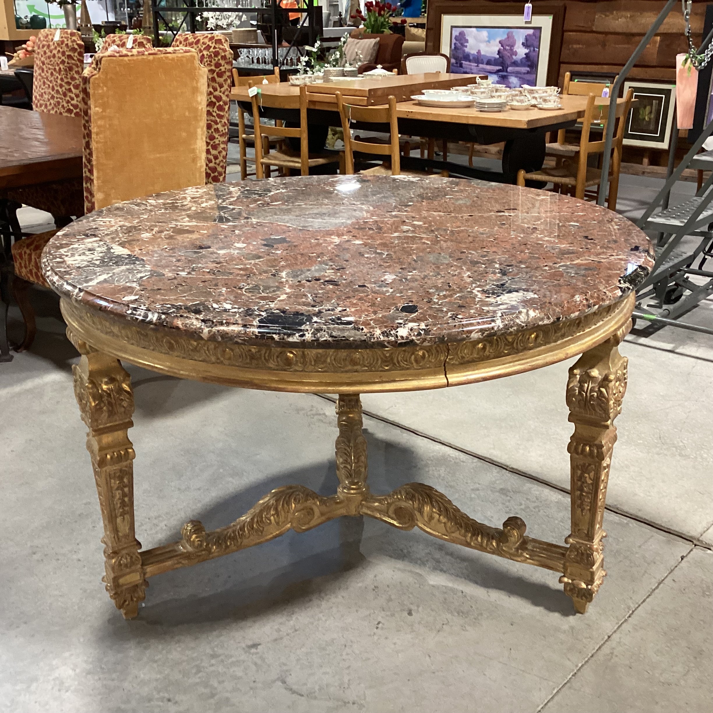 Antique Ornate Carved Gilded Wood & Breccia Marble Round Accent Table 52" Diameter x 33"