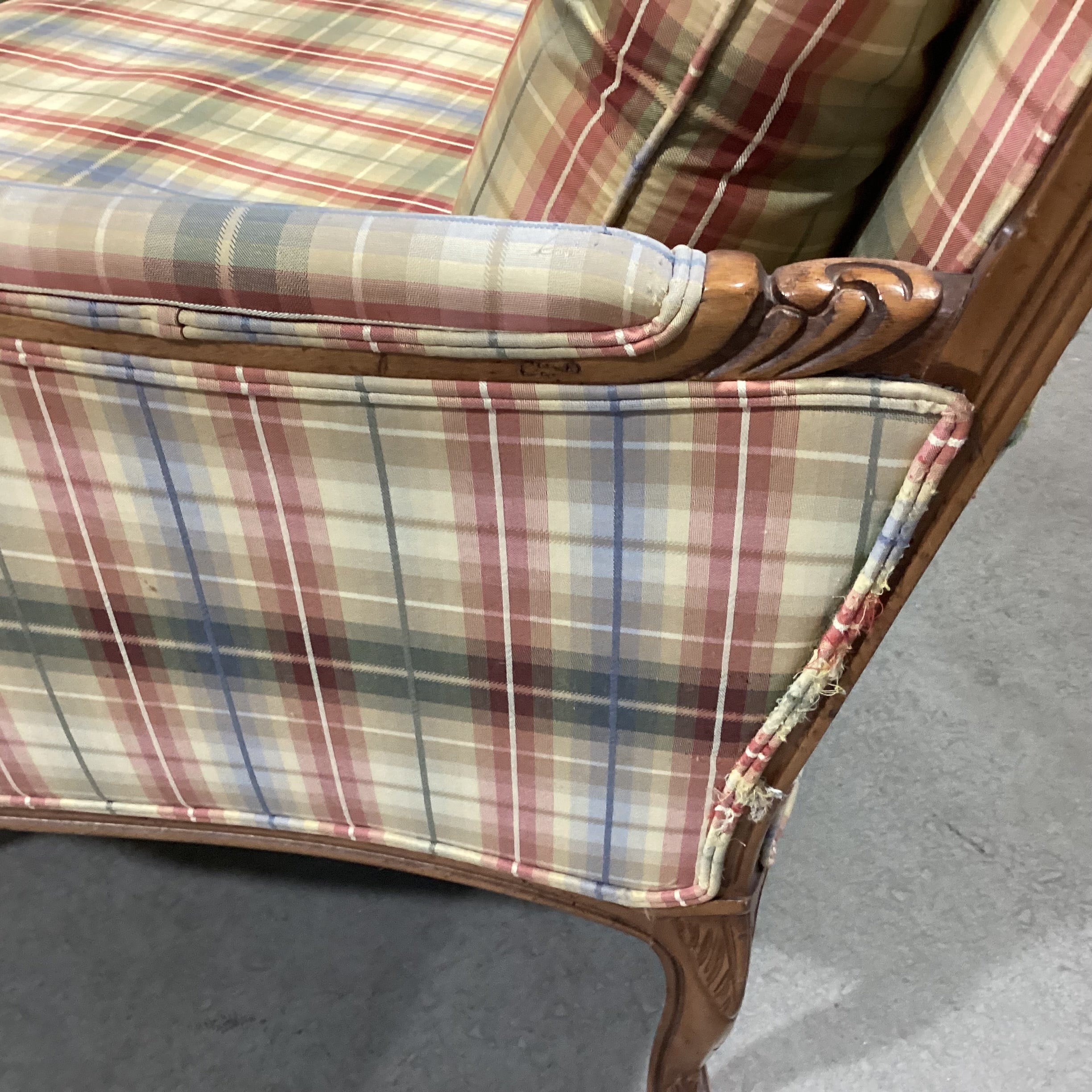 French Provincial Style Carved Wood & Plaid Down with Ottoman Chair 37"x 34"x 38"