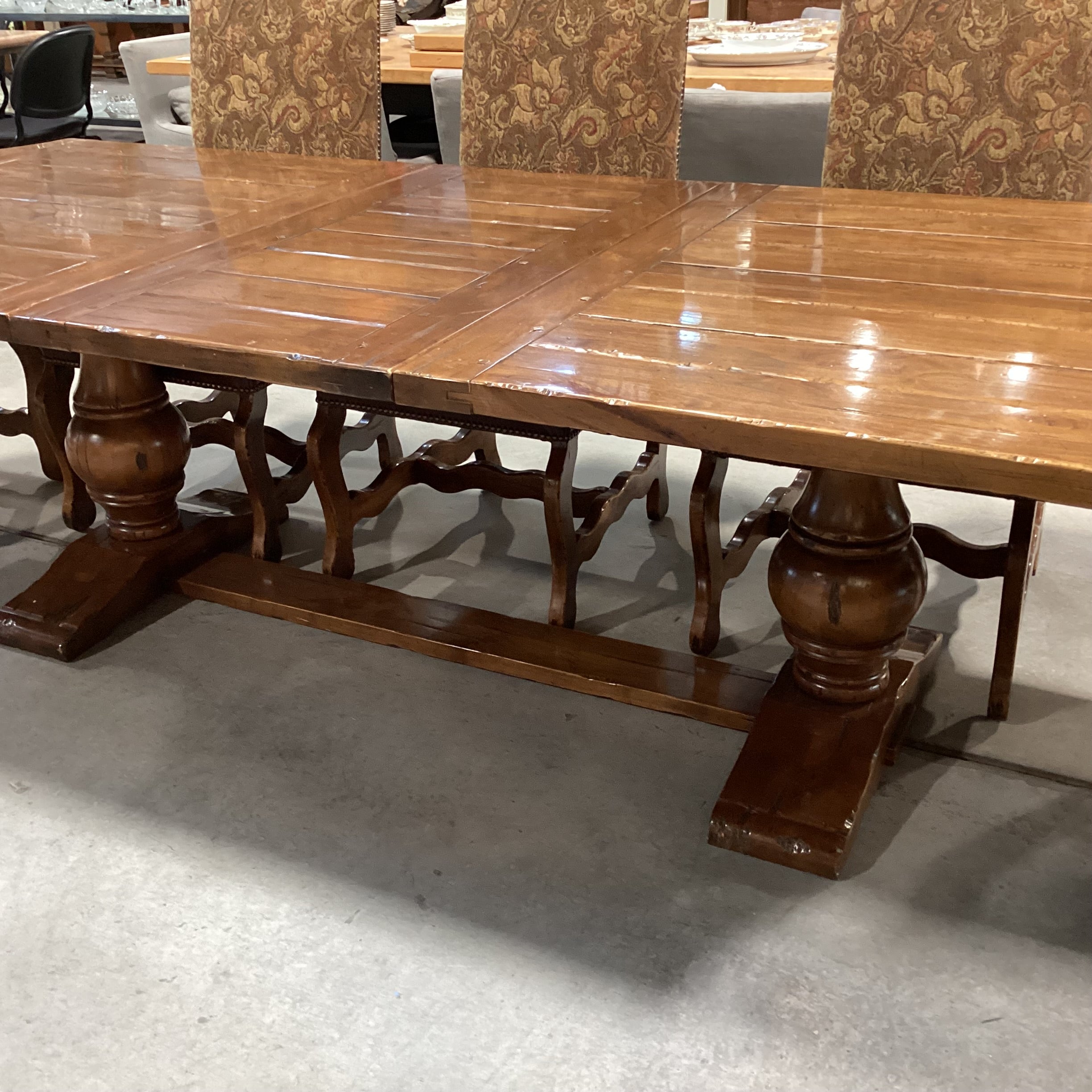 Distressed Finished Wood with Leaf & 8 Carved Wood Leather & Upholstery Chairs Dining Set 120"x 44"x 30"