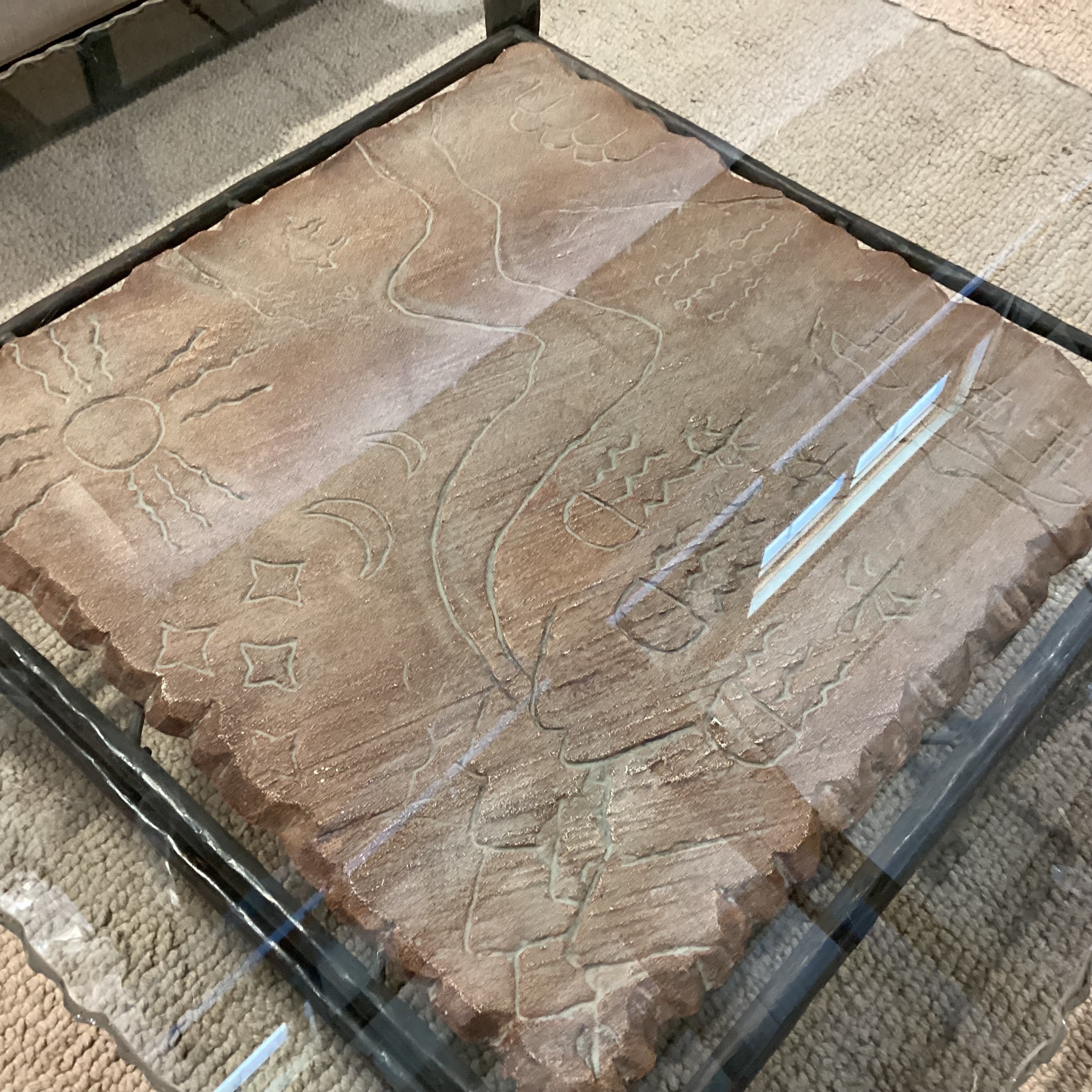 Wrought Iron Carved Scene on Stone & Live Edge Glass Coffee Table 38"x 38"x 17"
