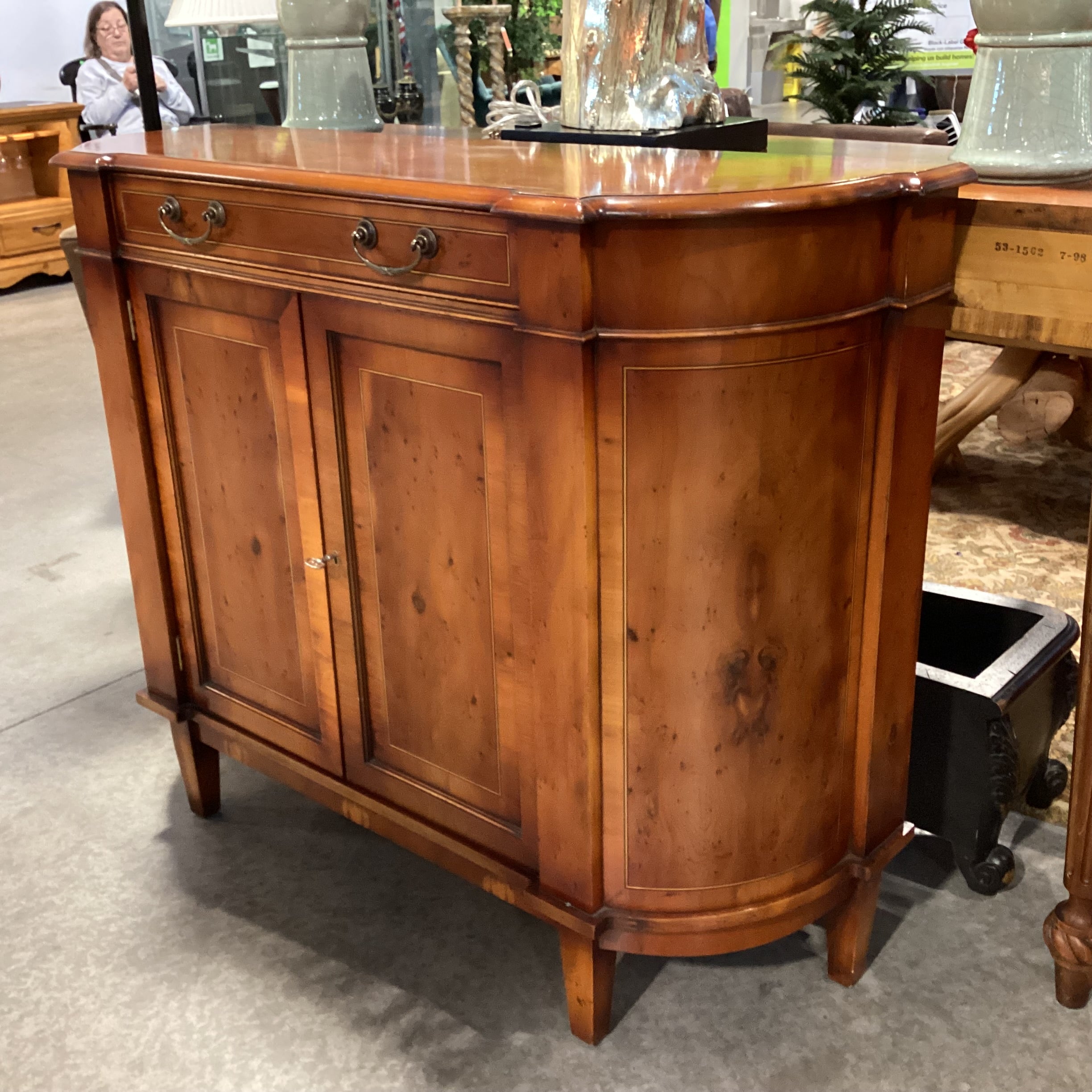 Antique Inspired Bow Front Burl or Birdseye Veneer & Decorative Inlay Lines 2 Door with Drawer Console 48"x 15.5"x 38.5"