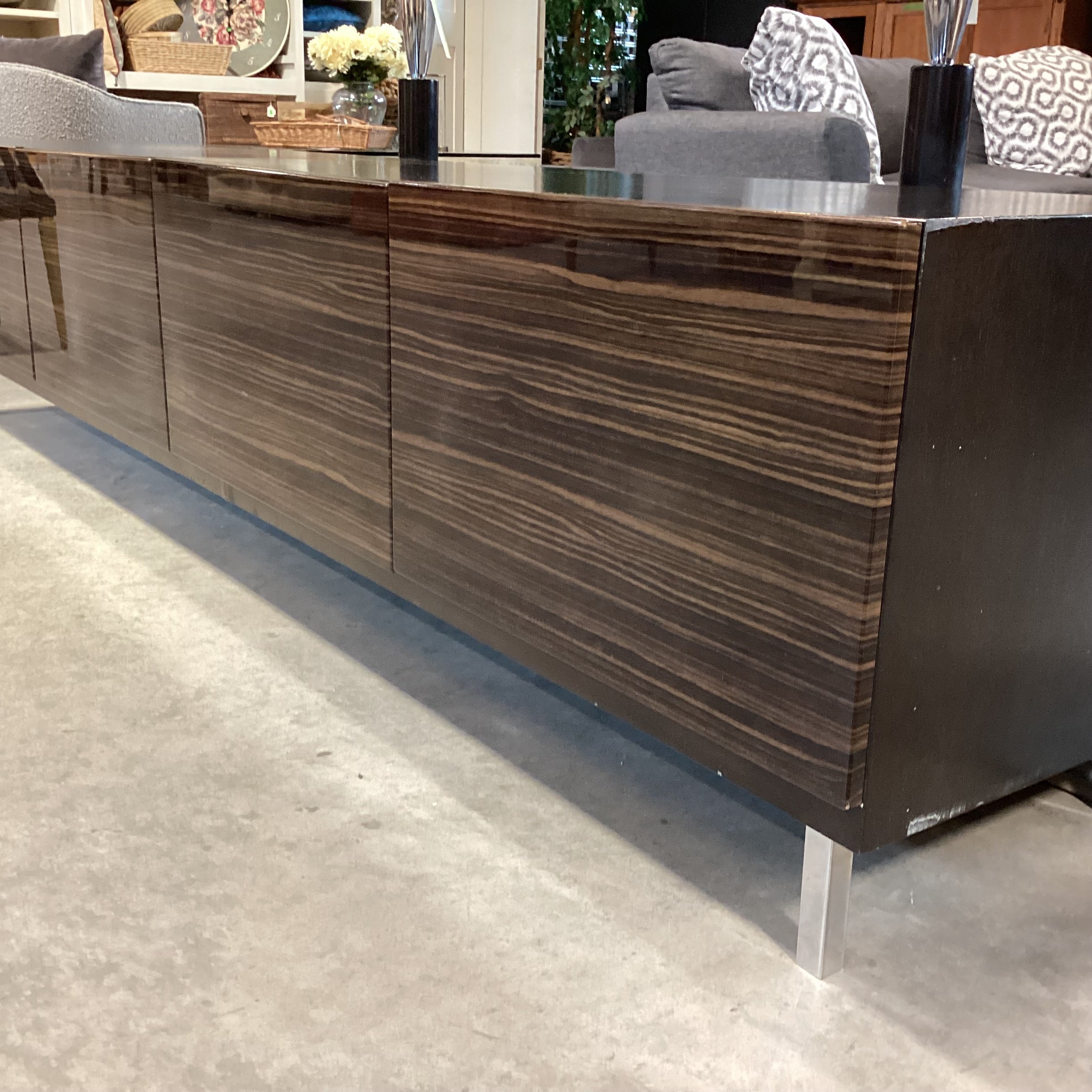 Modern Lacquered Macassar Ebony Veneer 4 Door Console Credenza 94"x 18.5"x 21.5"