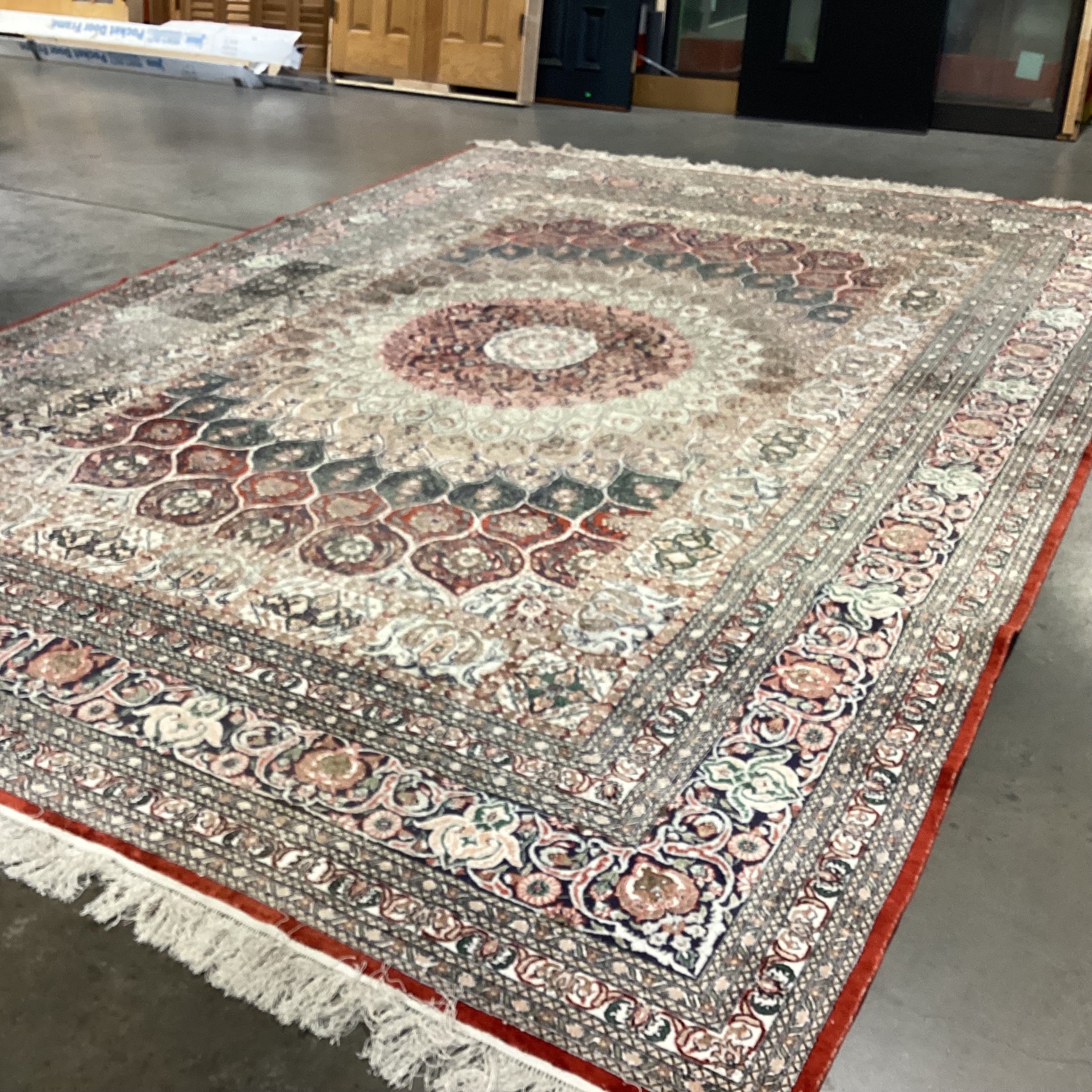 Ivory Rust Coral Blue Green Hand Woven Silk Rug 9'10"x 15.5"