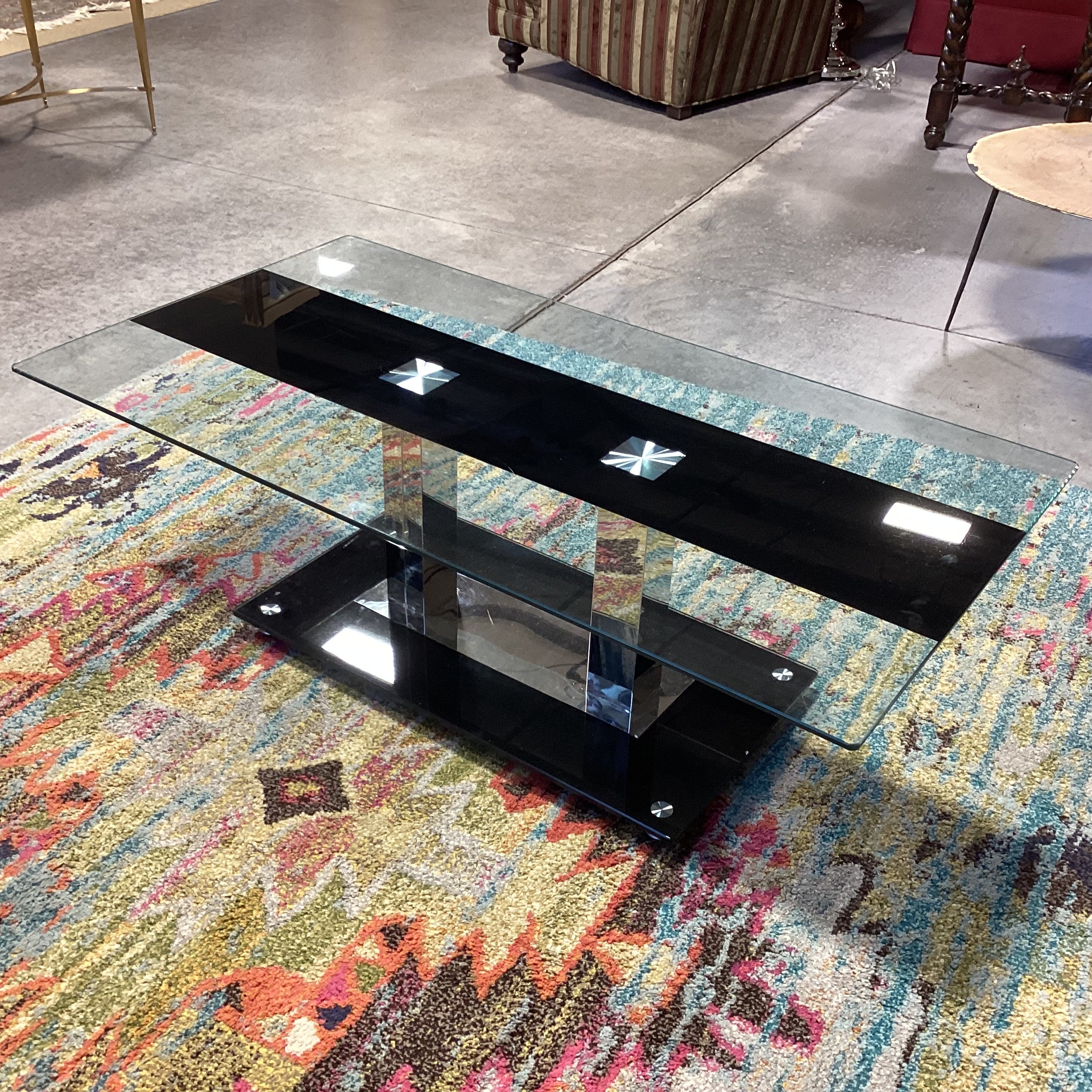 Clear Glass with Black Stripe & Chrome Coffee Table 47"x 25.5"x 16"