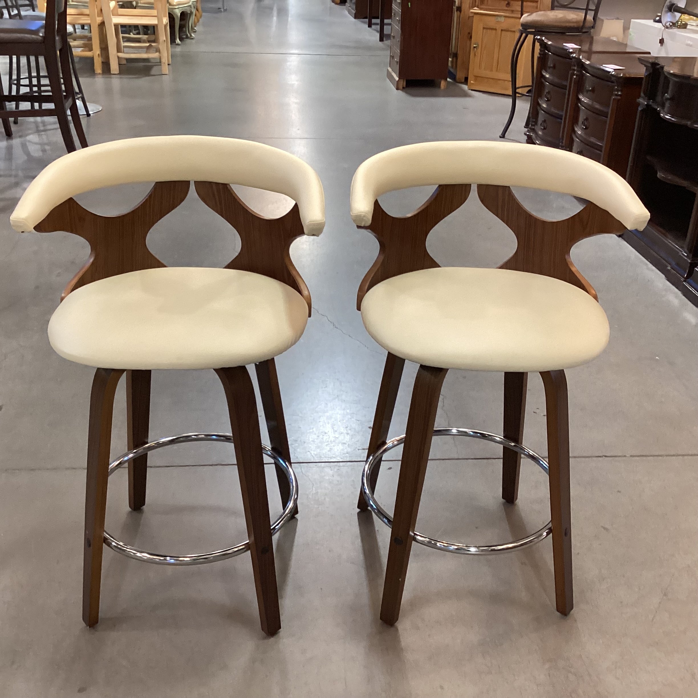 SET of 2 Lumisource Gardenia Mid Century Style Faux Cream Leather & Wood Barstools 25"