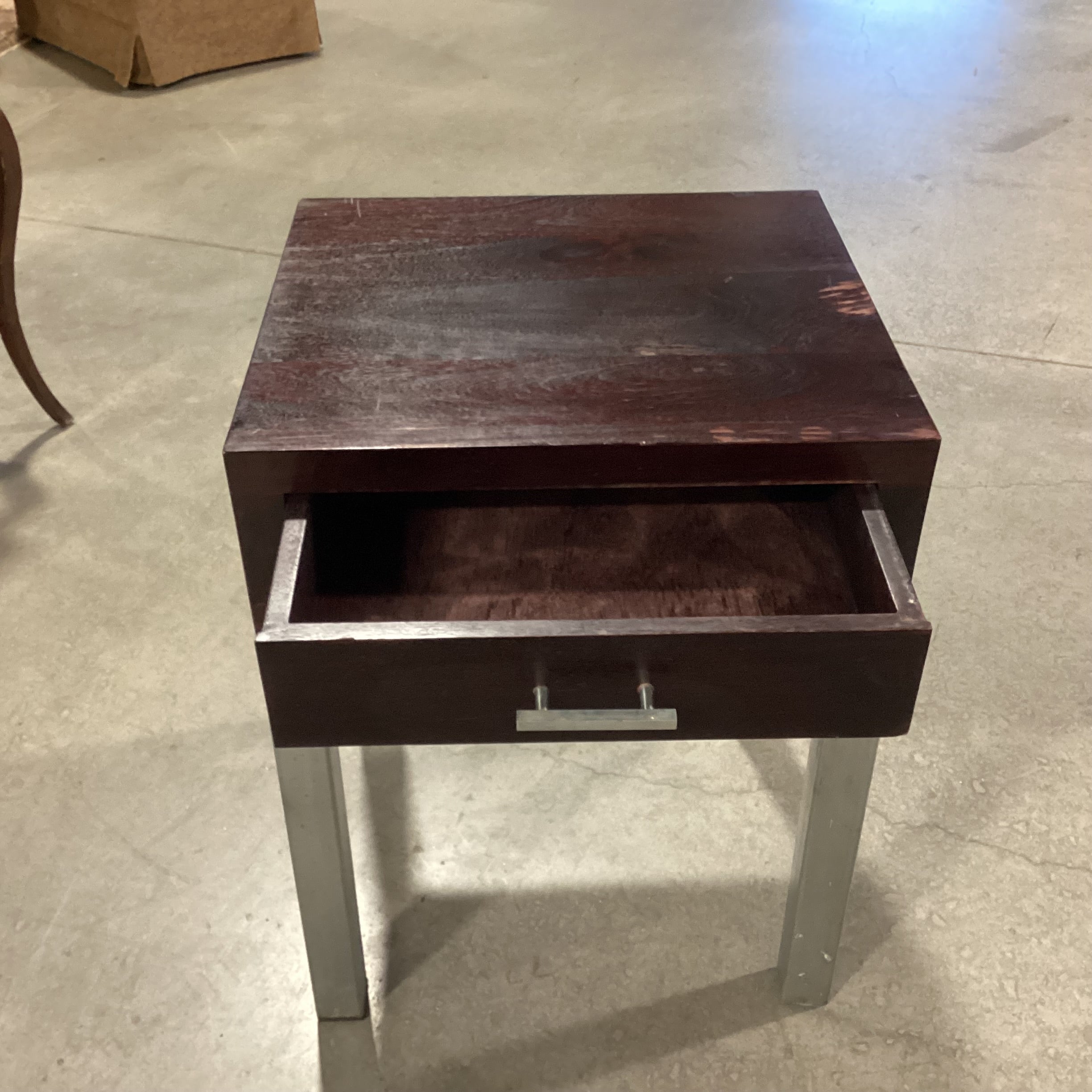 Dark Distressed Wood & Square Bar Steel Base 1 Drawer End Table 20"x 19"x 26.5"