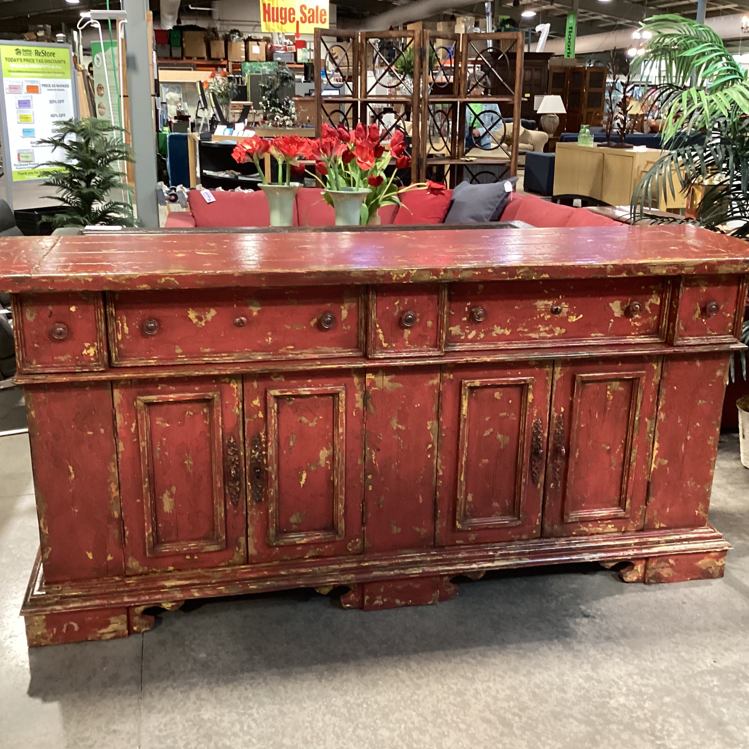 Red & Gold Textured Antiqued Finish Solid Wood 5 Drawer 4 Door Credenza 83"x 22"x 39"