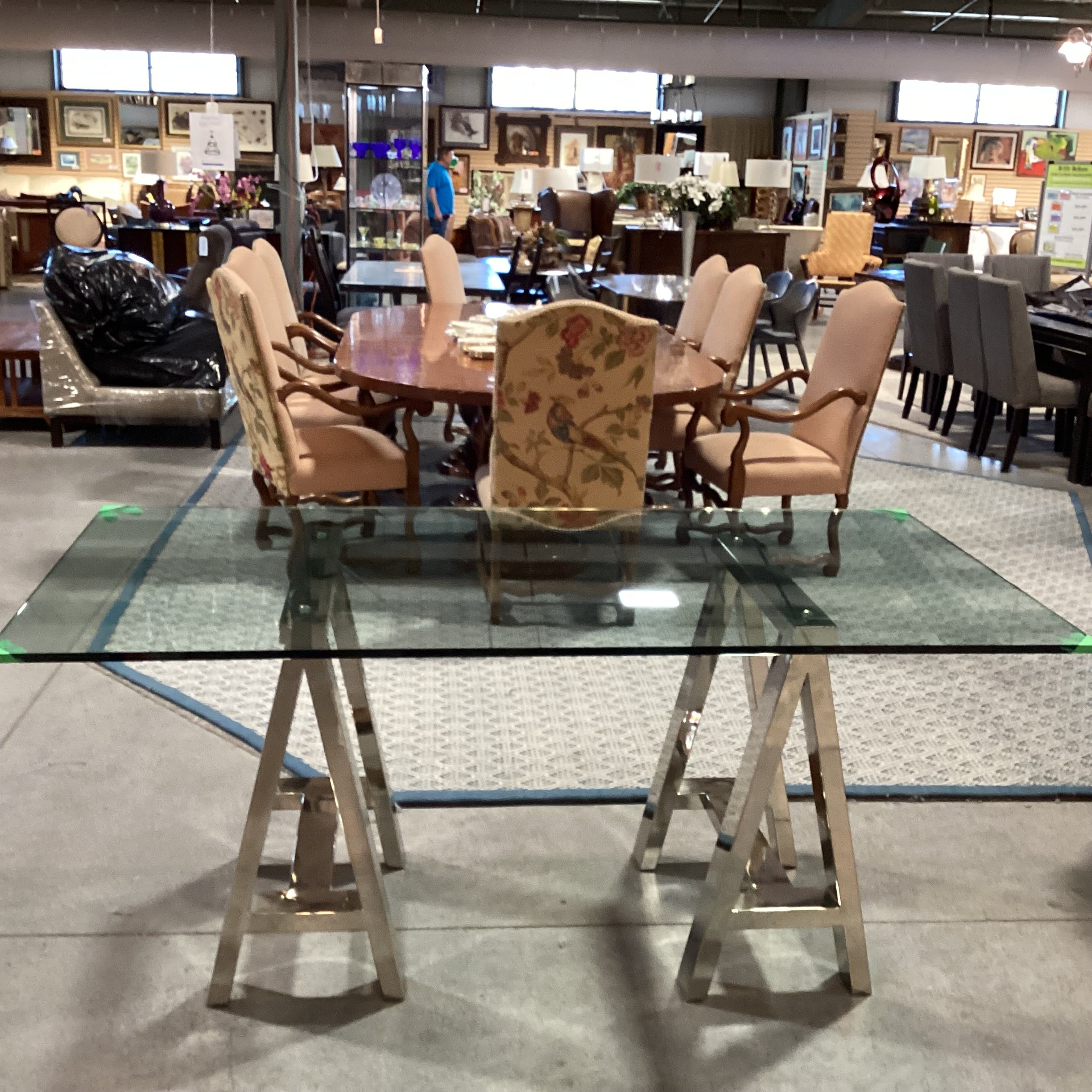 Chrome Sawhorse & Thick Glass Desk Dining Table 72"x 36"x 30.5"