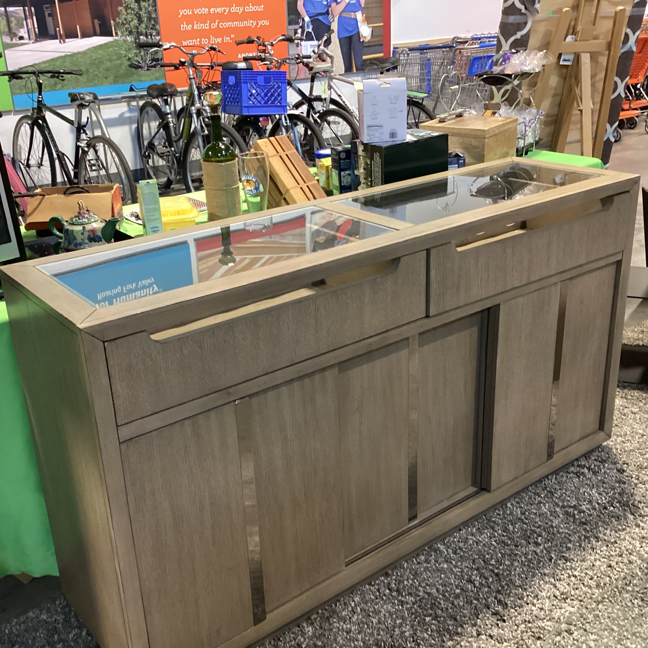Klaussner Olive Grey Tone Finish Sliding Doors & 2 Wine Drawers with Glass Top Server Sideboard 65"x 18"x 36"