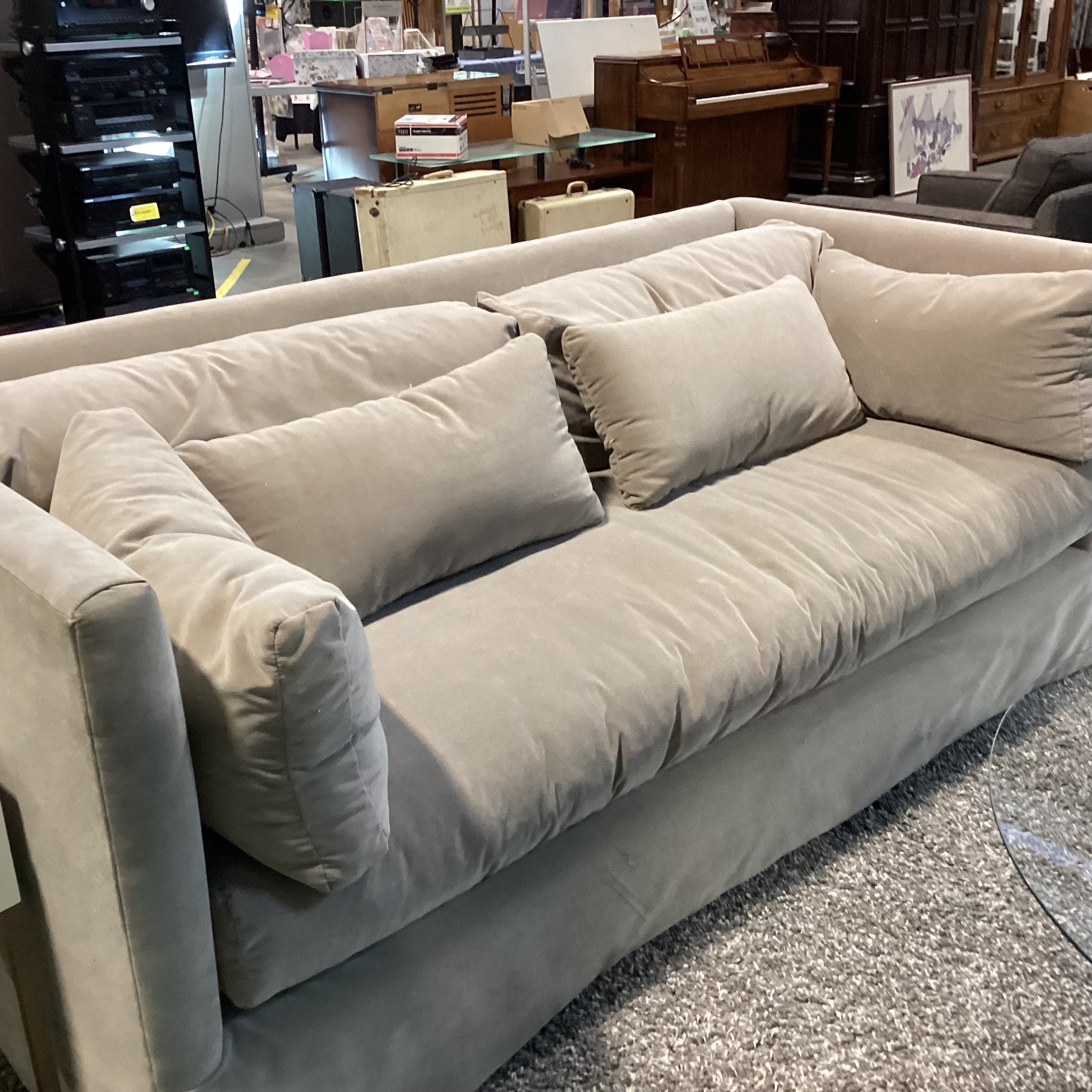 Custom Taupe Velvet Down Sofa 84"x 41"x 34"