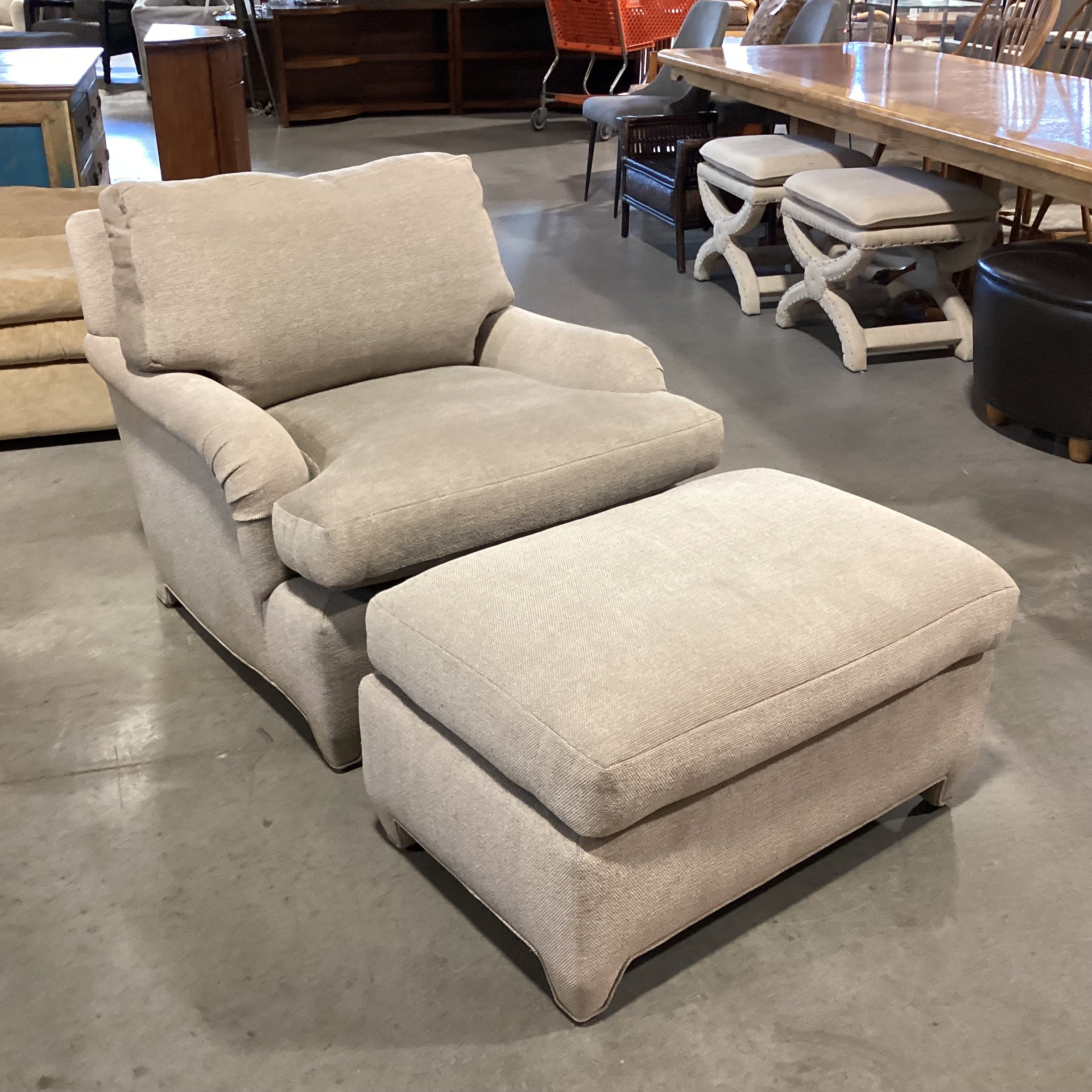 Custom Taupe Beige Grey Woven Down with Ottoman Chair 36"x 40"x 30"