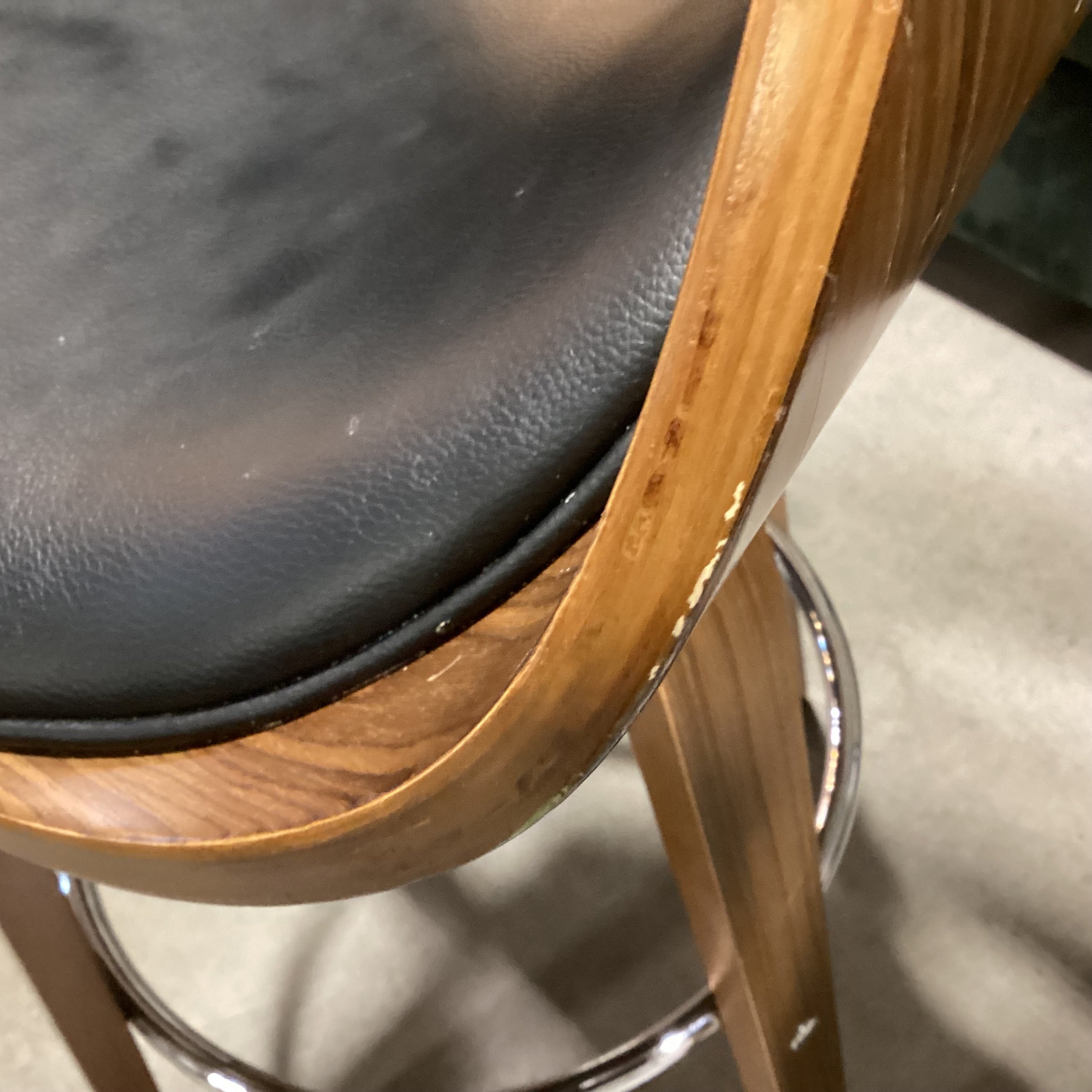 Mid Century Style Pressed Wood & Faux Black Leather Swivel Barstool 30"