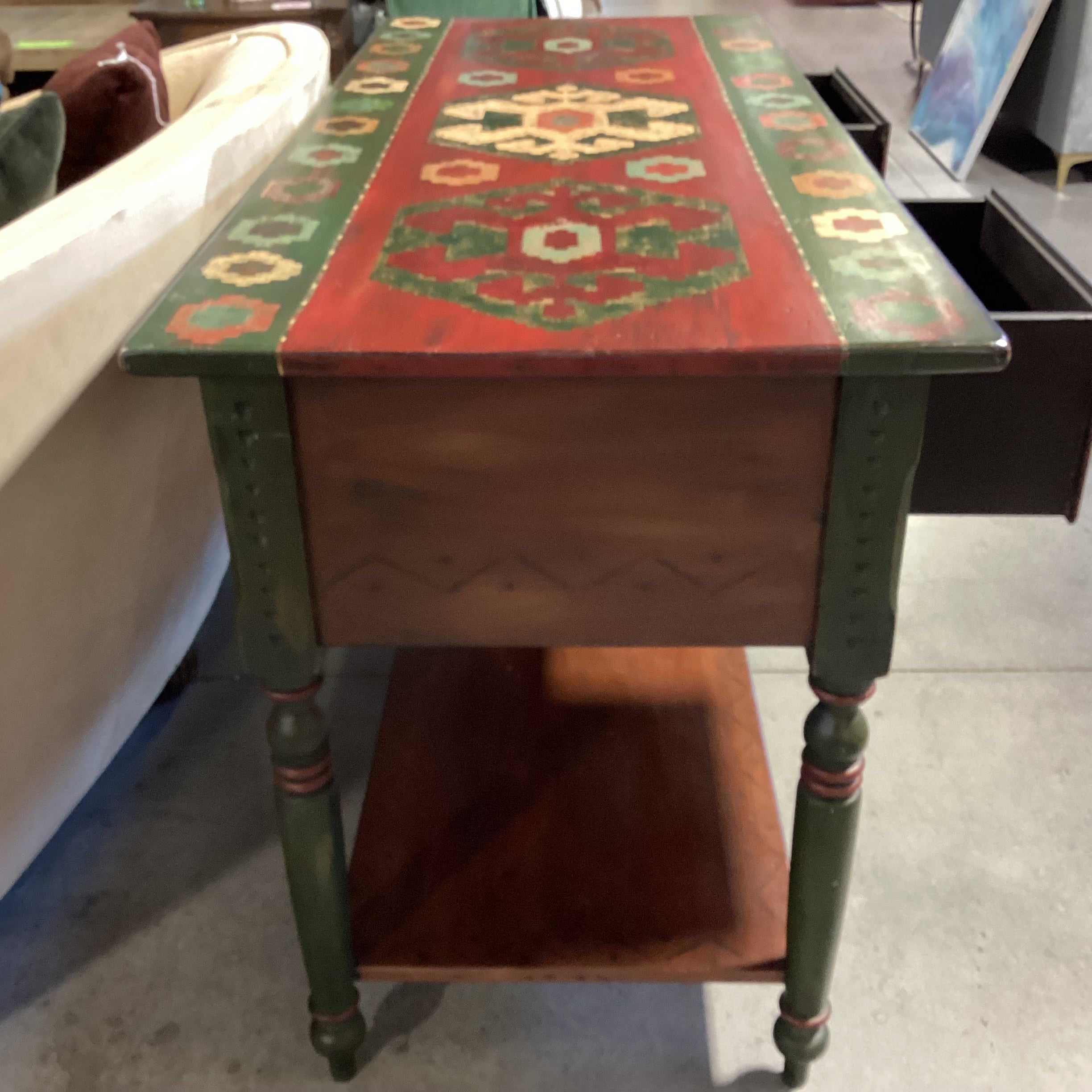 Red & Green Southwest Hand Painted Carved Wood 2 Drawer & Bottom Shelf Console 65"x 27"x 36"