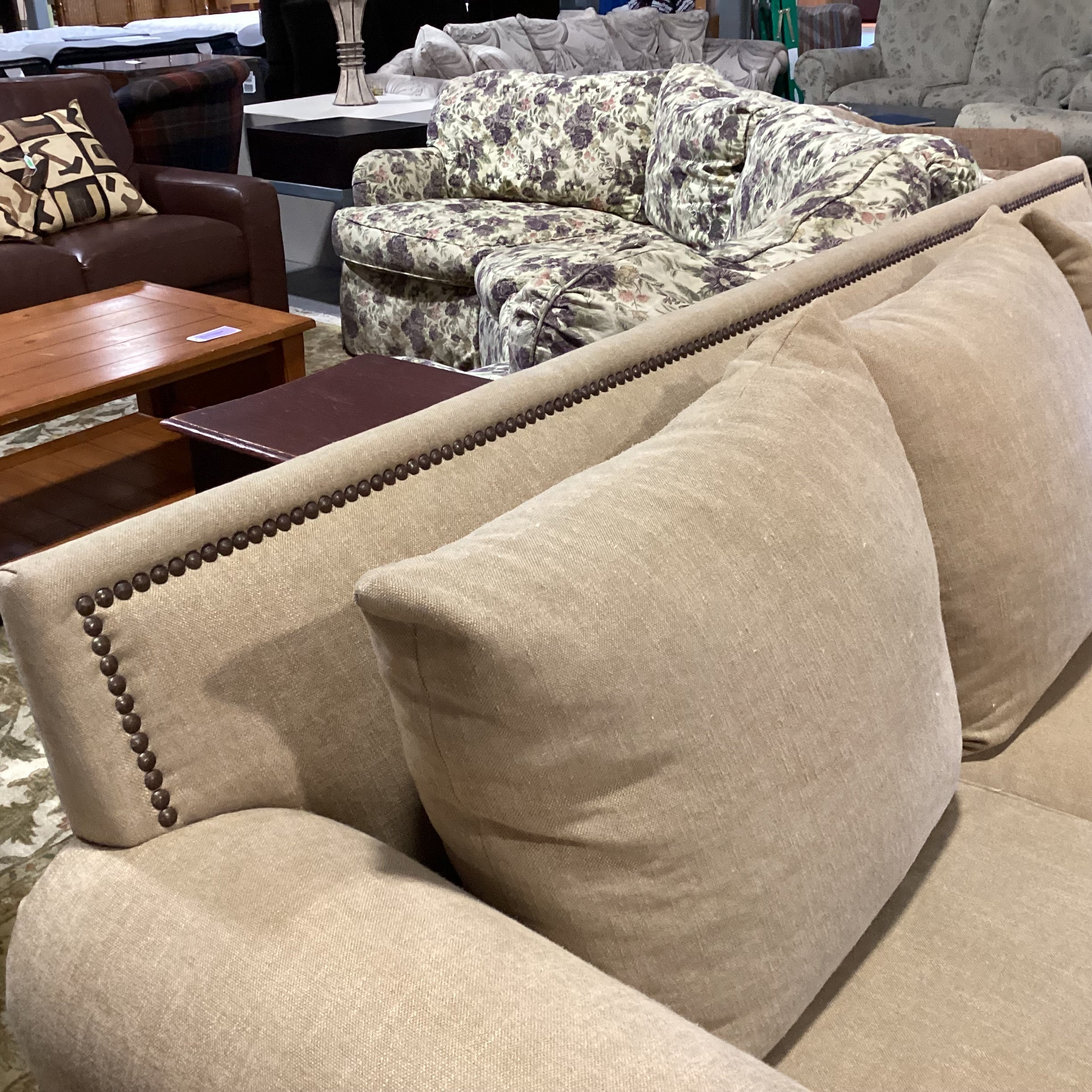 Rene Cazares Golden Tan Nailhead Down Mix Sofa 96"x 31"x 45"