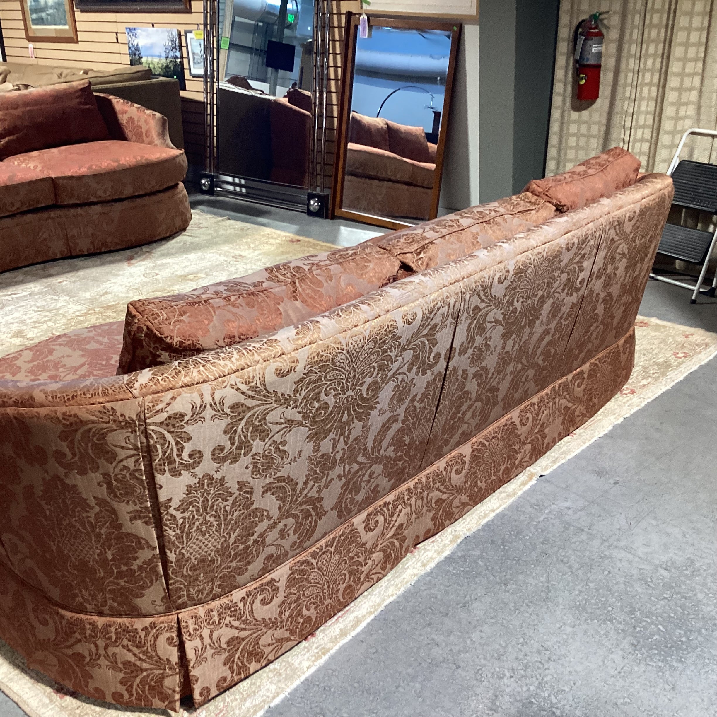 Custom Golden Burnt Orange Ornate Silky Metallic Floral Down Mix Curved Sofa 101"x 44"x 32"