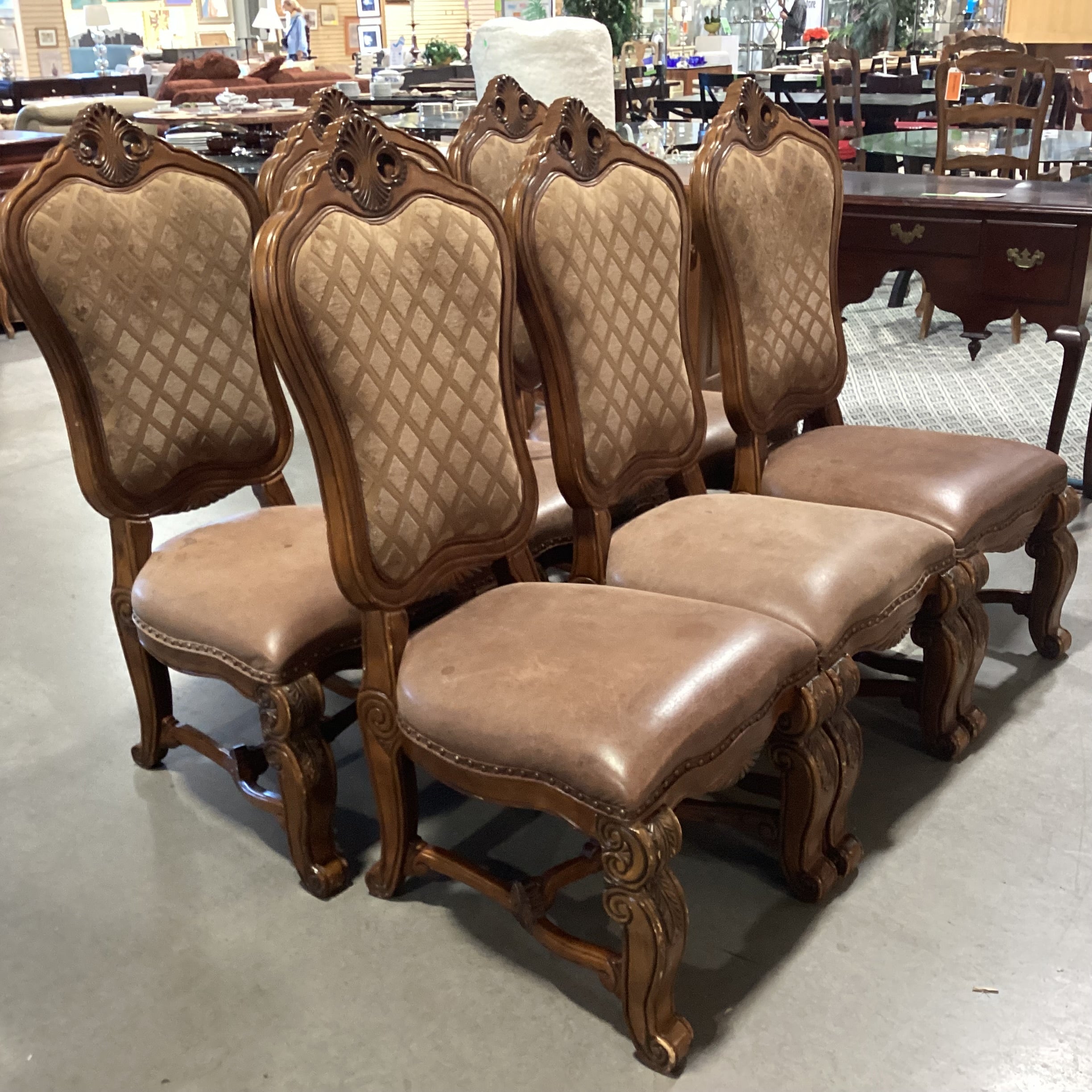 SET of 6 Carved Wood Tuscano Leather Seat & Diamond Upholstered Dining Chairs