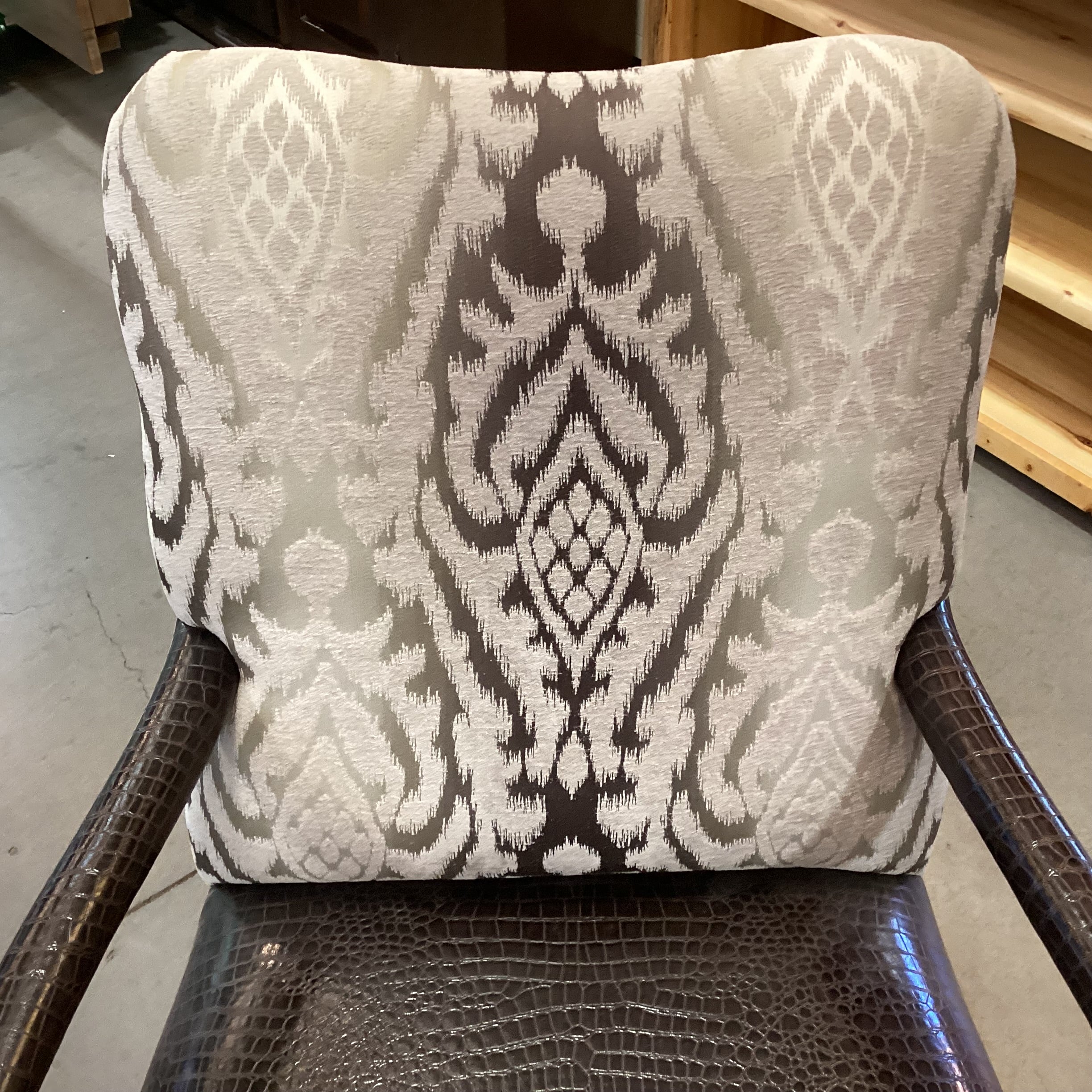 ARA Collection Croc Style Leather Raised Ivory Velvet & Brown Metallic Woven with Crackle Finish Claw & Ball Carved Wood Chair 29"x 32"x 39"
