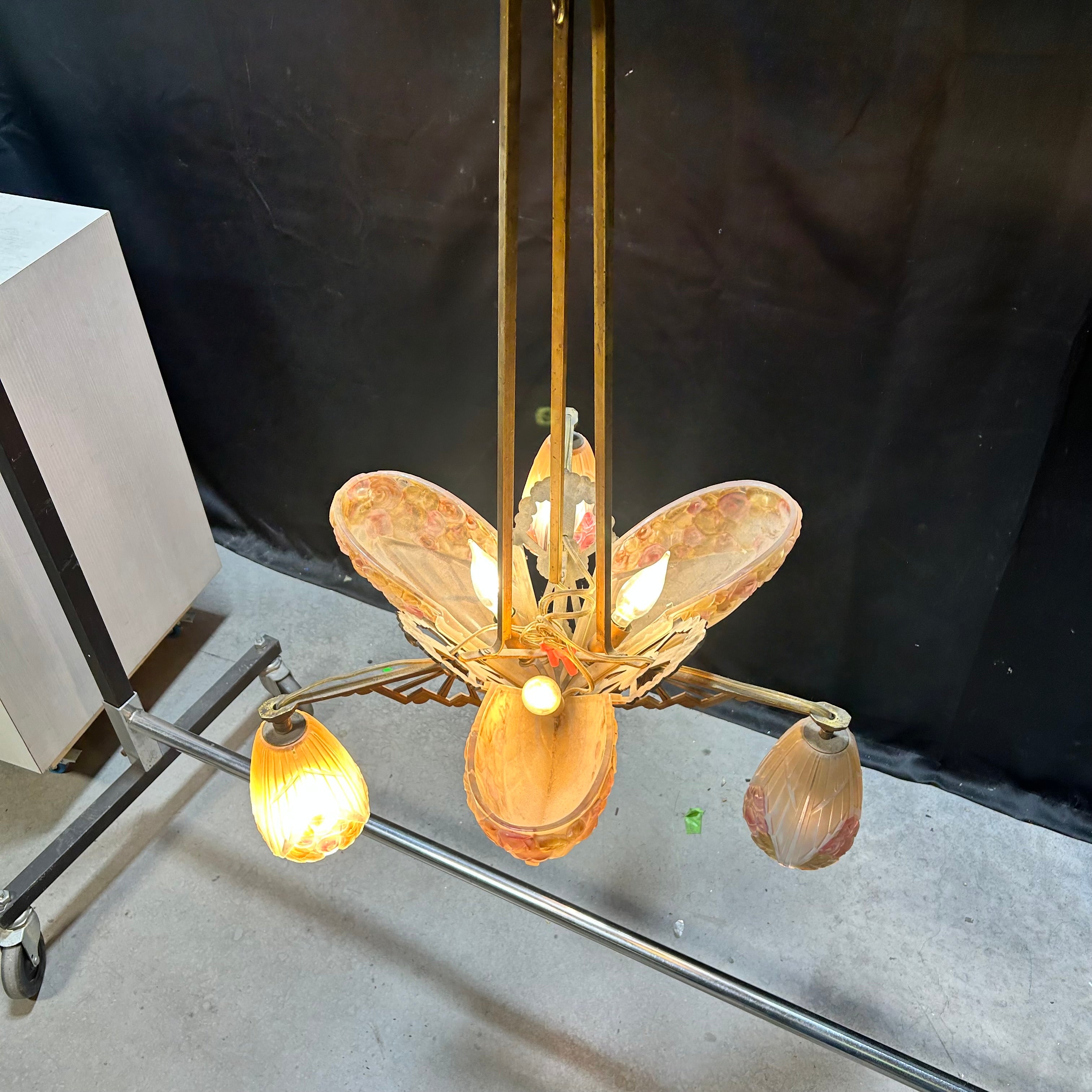 1930 Art Deco Brass & Flowered Glass 6 Light Pendant 22"x 31"