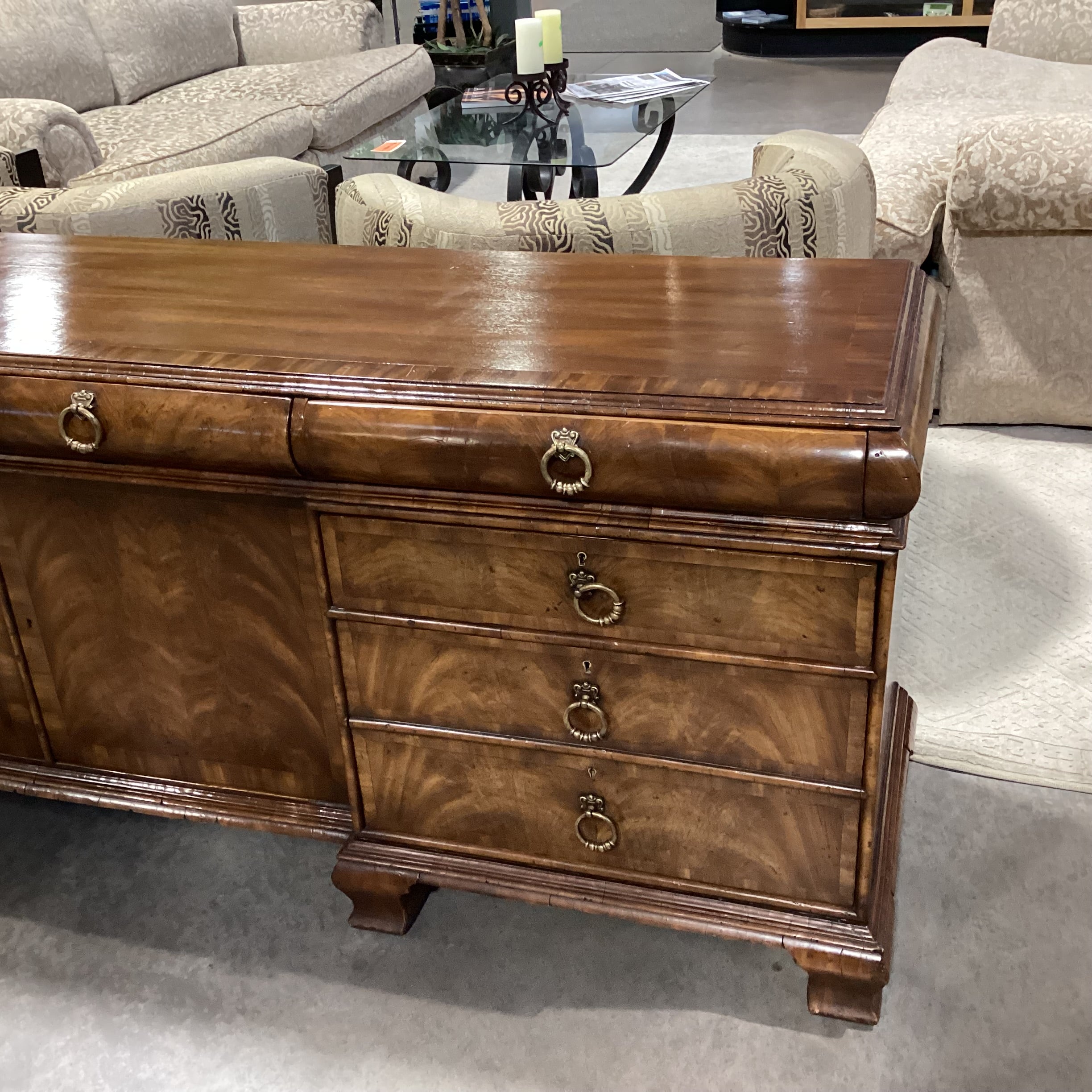 Alfonso Marina Ebanista Delaware Antiqued Primavera Wood & Brass 7 Drawer 2 Door Credenza 91.5"x 21"x 30.5"