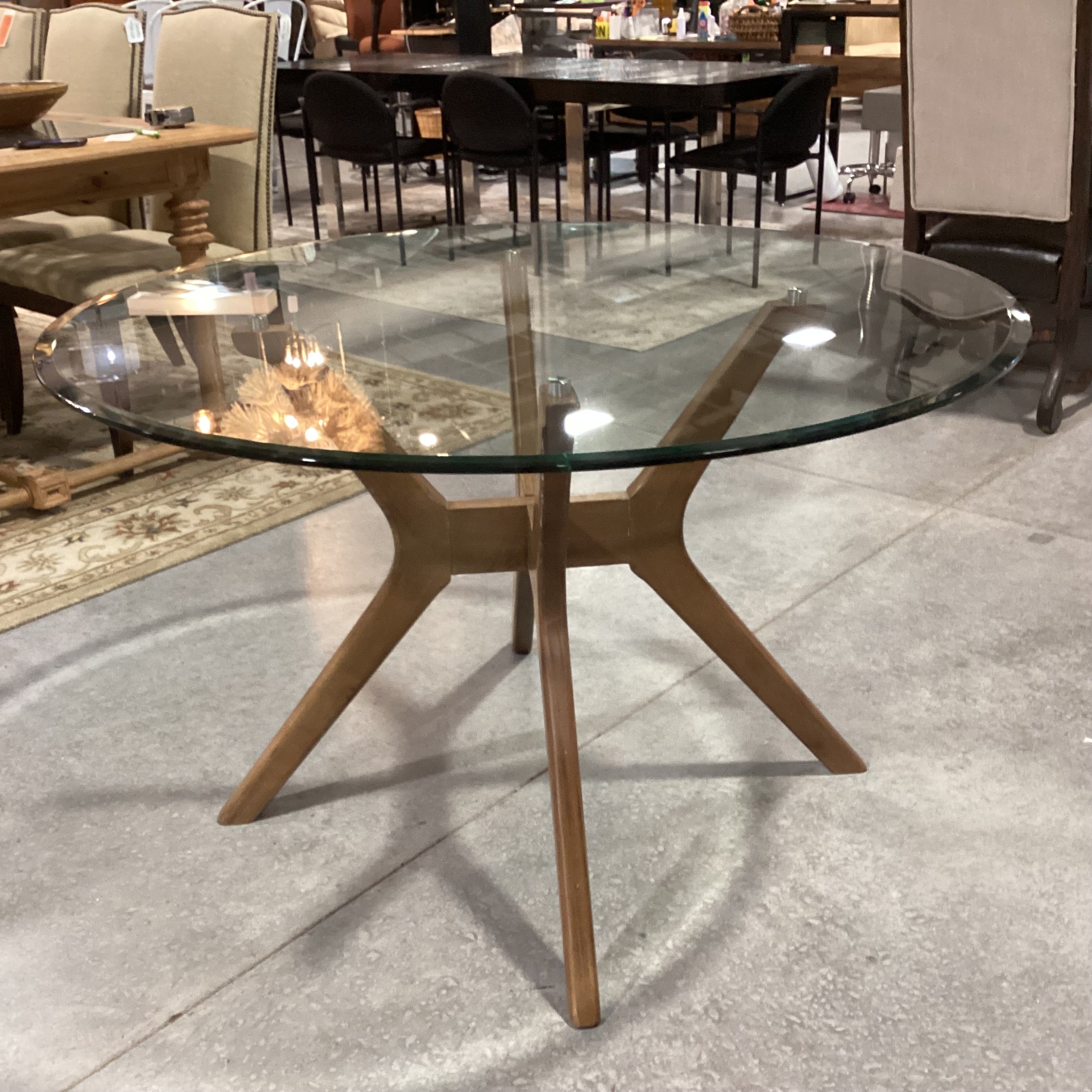 Mid Century Style Round Glass & Wood 4 Leg Pedestal Dining Table 48" Diameter x 30"