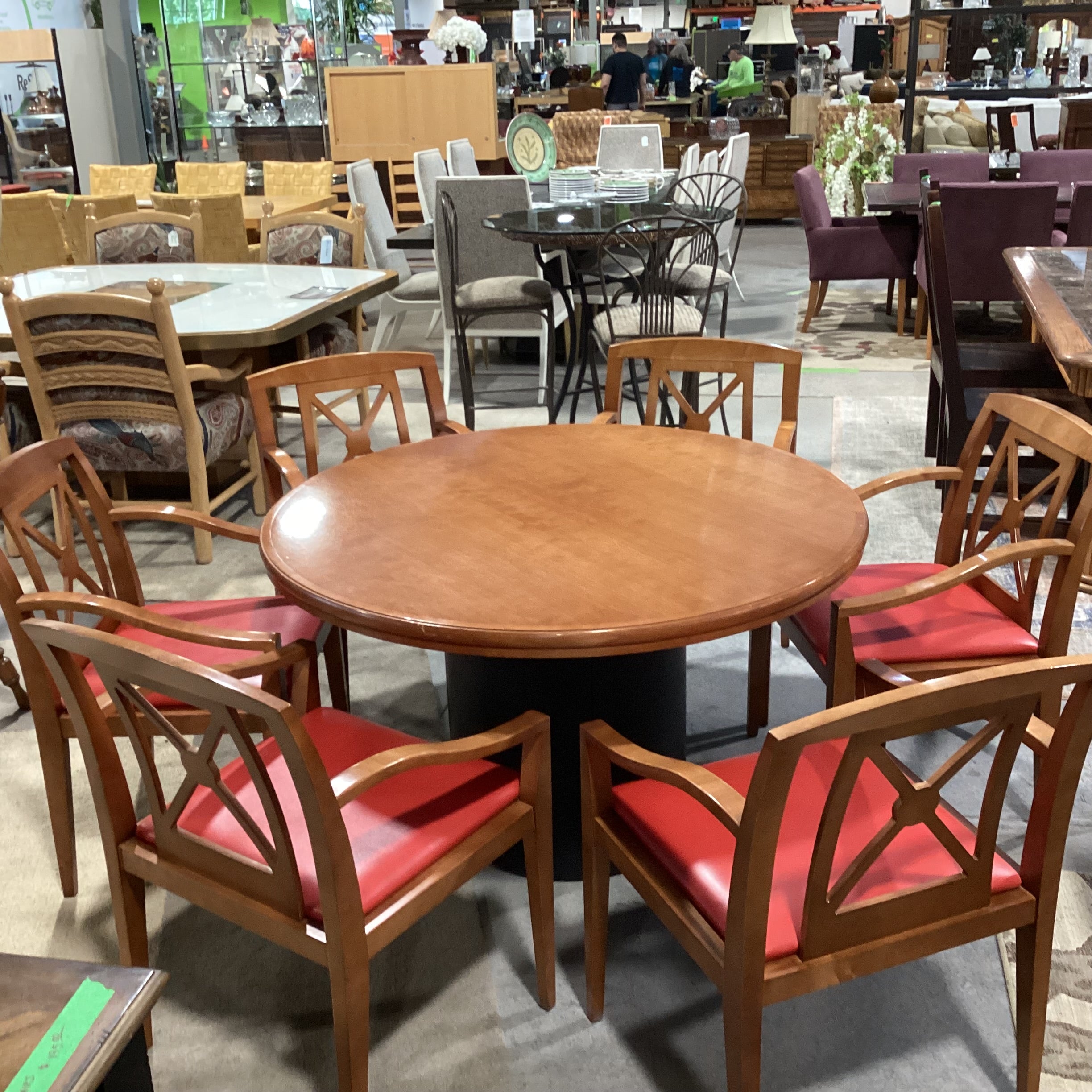 Round Finished & Pressed Maple Black Leather Like Pedestal Table with 6 Red Leather Like Chairs Dining Set 48" Diameter x 29"